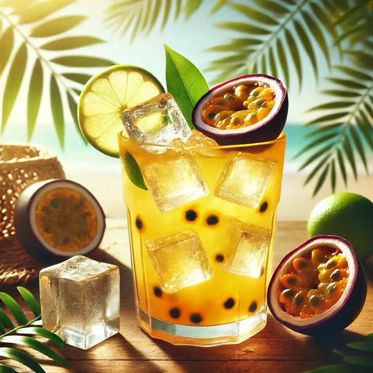 "A vibrant and refreshing Tropical Passion cocktail served in a glass with tropical fruits and a garnish of mint – the perfect summer drink for 2025."