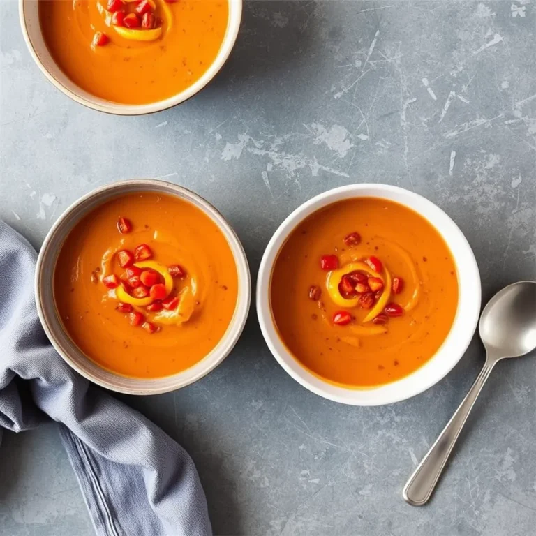 Warm bowl of creamy roasted tomato and red pepper soup, garnished with fresh basil and a drizzle of oat cream, served with slices of toasted sourdough bread on the side. The soup is rich in color with a smooth texture, showcasing roasted vegetables blended into a comforting, vegan, and dairy-free meal.