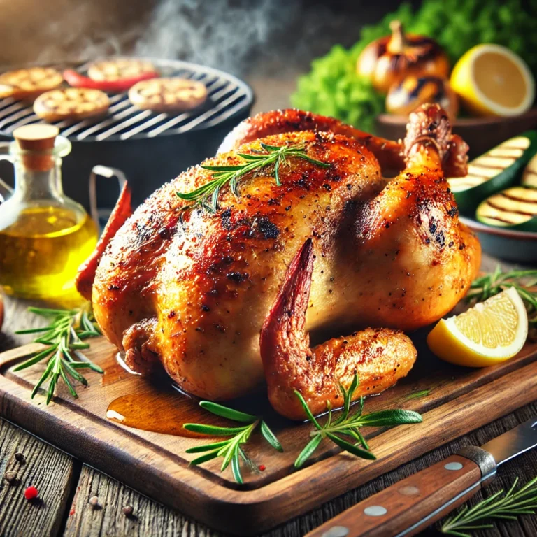 Grilled chicken thighs with crispy golden skin, perfectly charred on the outside, served on a wooden board with fresh herbs and lemon slices. The juicy chicken is garnished with a sprinkle of herbs, creating a mouthwatering presentation.