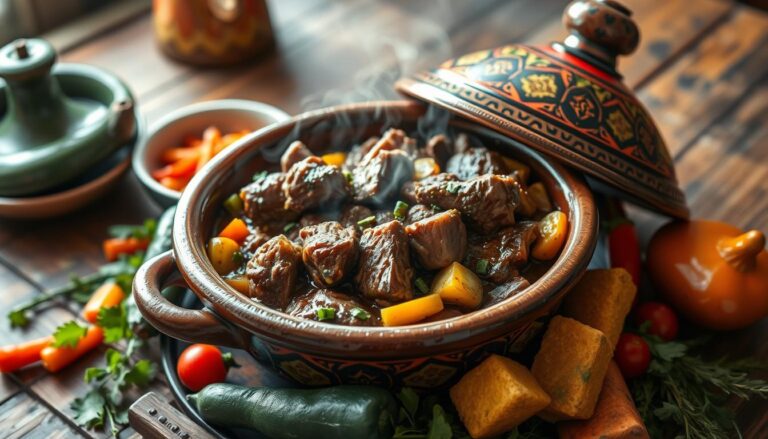 A traditional Moroccan tajine with tender meat, slow-cooked with vegetables, aromatic spices, and served in a clay pot. The dish is topped with olives and fresh herbs, with steam rising from the flavorful sauce.