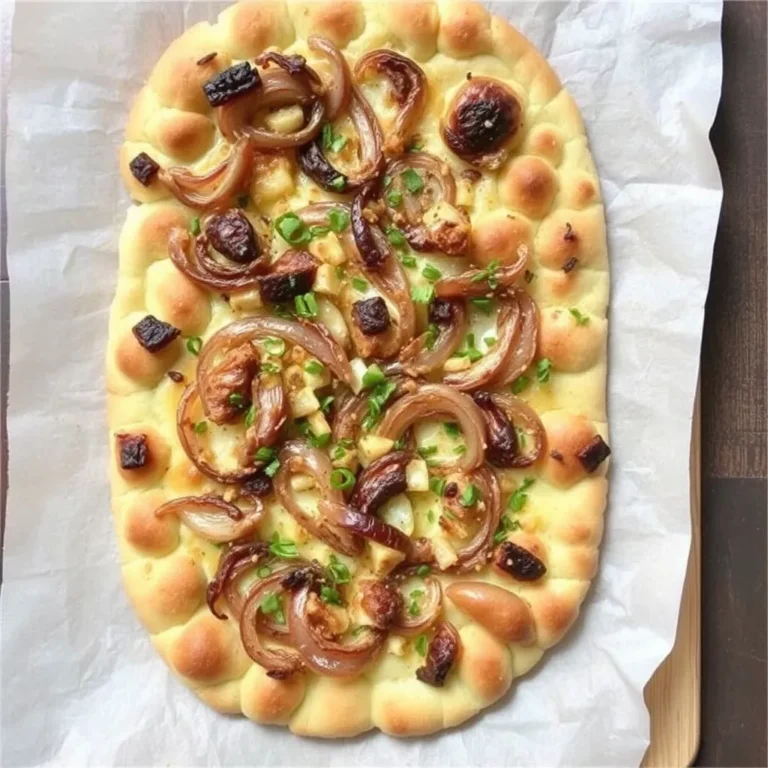 Vegan onion flatbread (Schiacciata alle Cipolle) topped with caramelized onions, served golden and crispy on a rustic wooden board. The flatbread is sliced into portions, with a fluffy interior and crispy edges, garnished with fresh herbs and a drizzle of olive oil.
