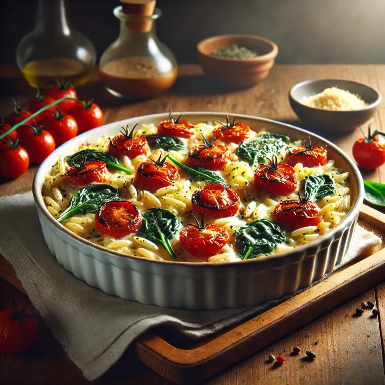 Highly realistic image of a one-tray baked orzo dish with creamy sauce, roasted cherry tomatoes, and fresh spinach. The dish is garnished with a sprinkle of cheese, served in a white casserole dish on a wooden table. The tomatoes are slightly charred, and the spinach adds a fresh, vibrant color to the creamy orzo. Set in a cozy kitchen environment with natural lighting highlighting the textures and colors of the ingredients.