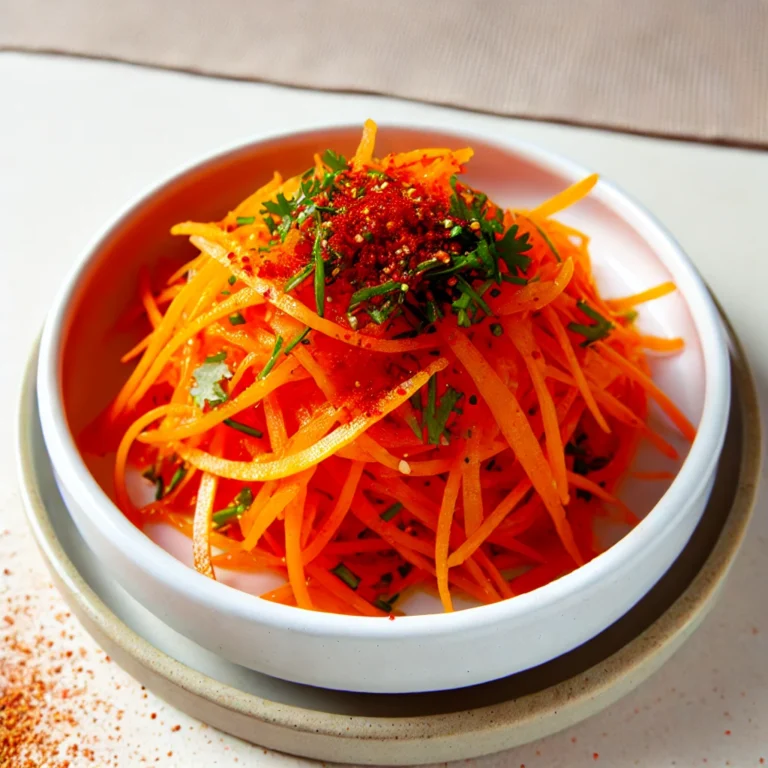 A vibrant bowl of Korean Carrot Salad (Morkovcha) with julienned carrots, paprika, garlic, cayenne pepper, and fresh herbs in a white bowl on a clean kitchen counter.