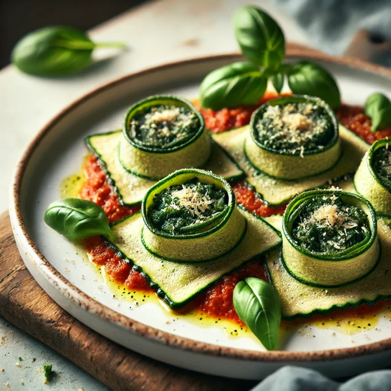 "Homemade vegan zucchini ravioli filled with creamy spinach and cashew filling, arranged on a white plate and topped with fresh herbs – a healthy and delicious plant-based alternative to traditional pasta."
