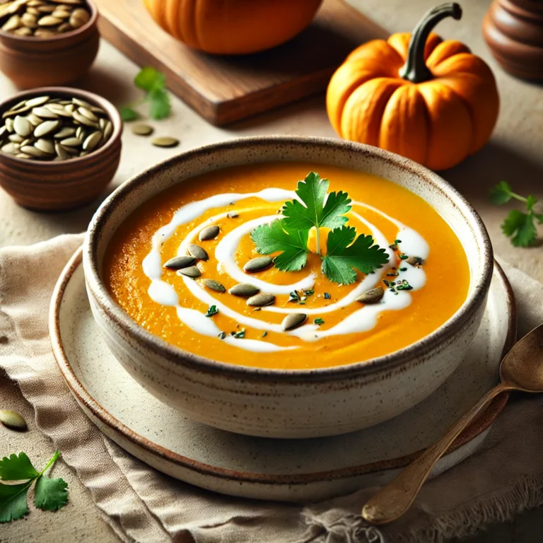 A realistic bowl of creamy roasted butternut squash soup garnished with fresh cilantro and a drizzle of coconut milk, served in a rustic white ceramic bowl.