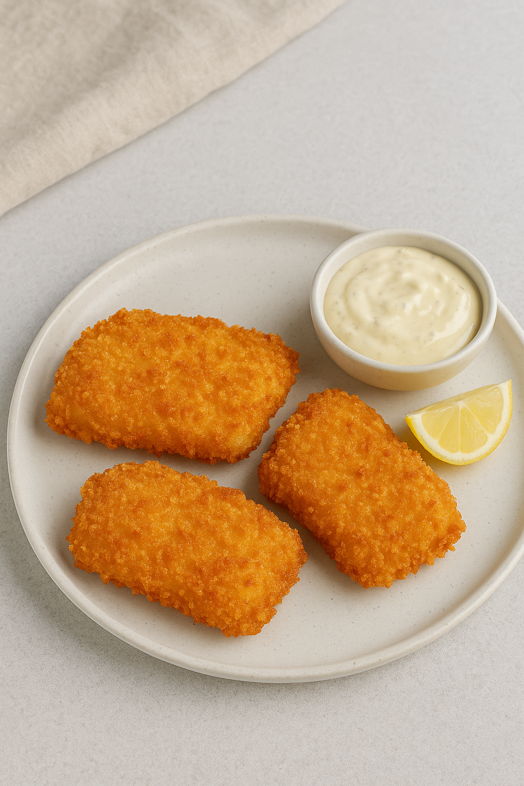 Three golden-brown, crispy panko-breaded cod fillets are arranged on a light ceramic plate, served with a lemon wedge and a small bowl of creamy dipping sauce on a light gray surface.