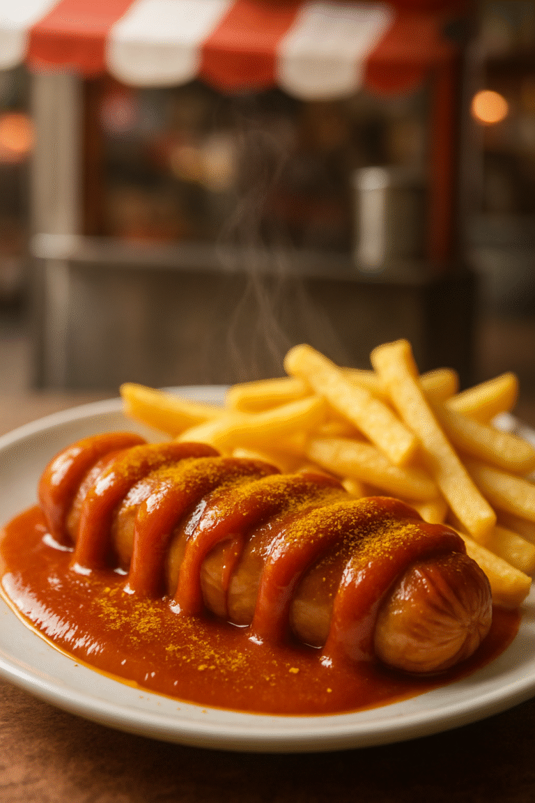 Sliced Currywurst topped with thick curry ketchup sauce and curry powder, served with fries on a white plate in front of a blurred street food stand.