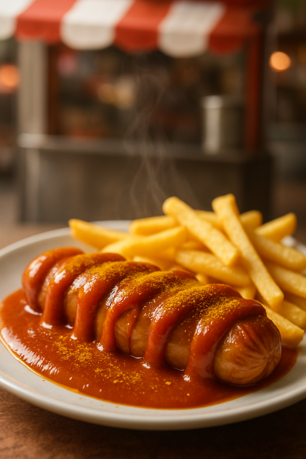 Sliced Currywurst topped with thick curry ketchup sauce and curry powder, served with fries on a white plate in front of a blurred street food stand.