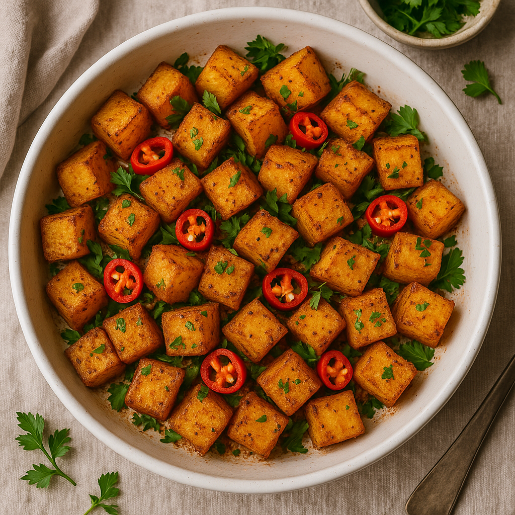 Golden and crispy Baked Batata Harra (spicy Lebanese potatoes) in a serving bowl, garnished with fresh cilantro and showing the vibrant colors of the dish. Vegan side dish.