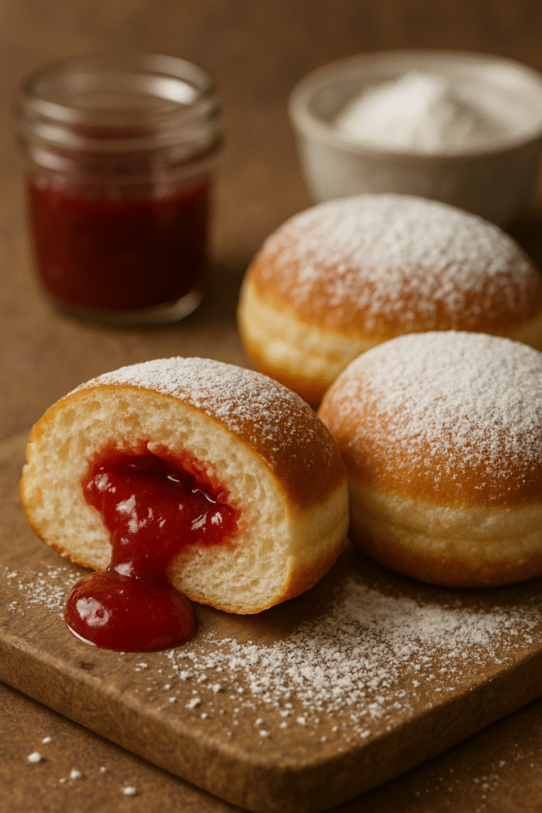 Homemade German Berliners Filled with Jam and Powdered Sugar