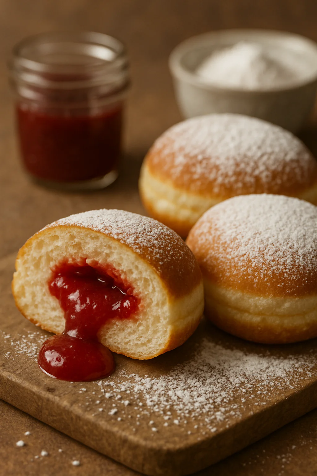 Homemade German Berliners Filled with Jam and Powdered Sugar