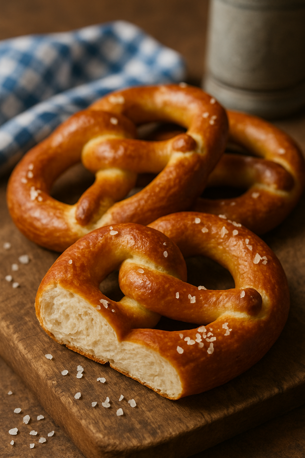 Freshly baked golden-brown pretzels topped with coarse salt on a rustic wooden board, with a blue-and-white checkered cloth in the background.