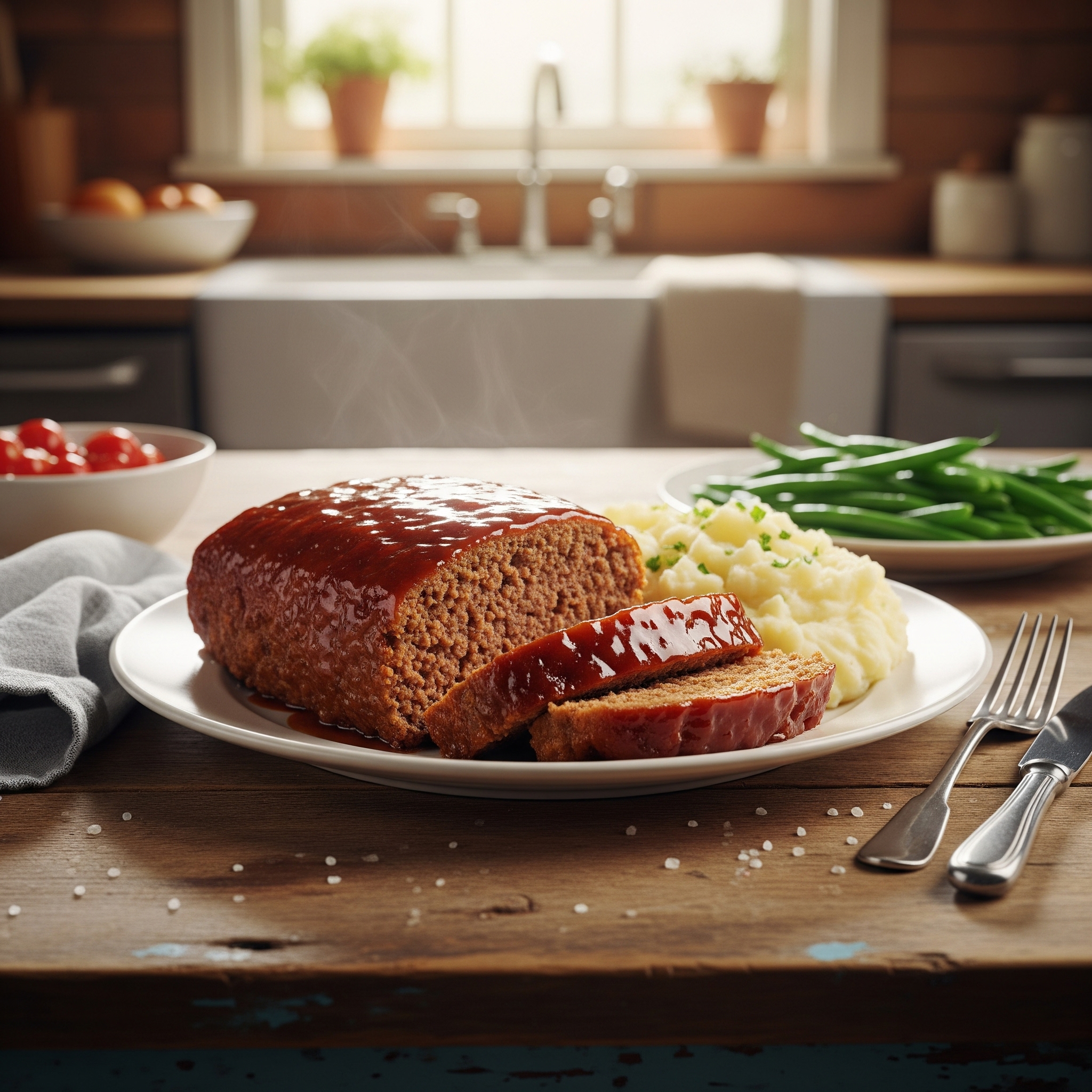 Sliced homemade meatloaf with a glistening caramelized glaze, served on a plate with fluffy mashed potatoes and vibrant green beans, evoking warmth and comfort in a rustic kitchen setting.Homemade Meatloaf