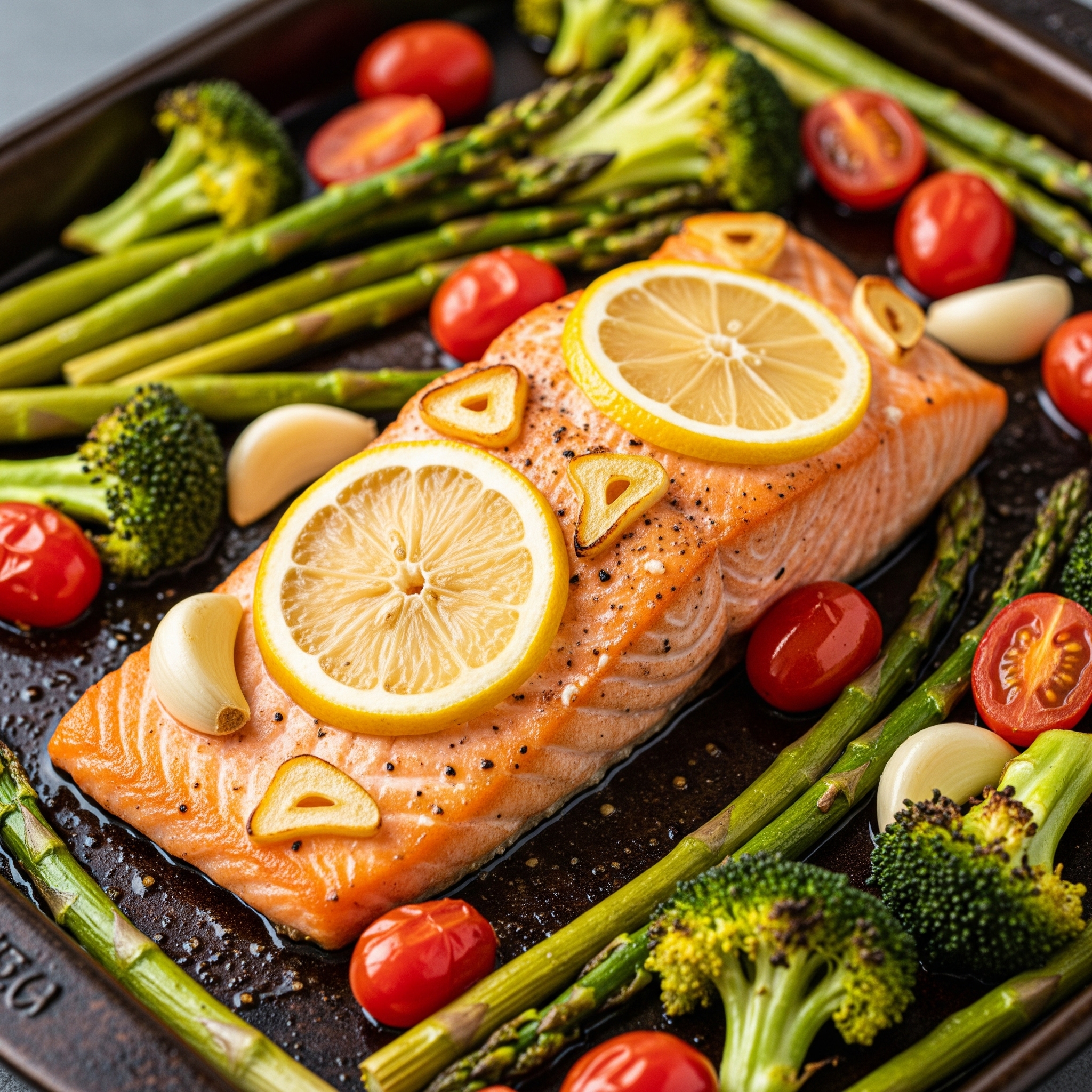 A vibrant, close-up photo of Healthy One-Pan Lemon Garlic Salmon, showcasing a salmon fillet with lemon slices and garlic, roasted with colorful vegetables like asparagus, tomatoes, and broccoli on a baking sheet.