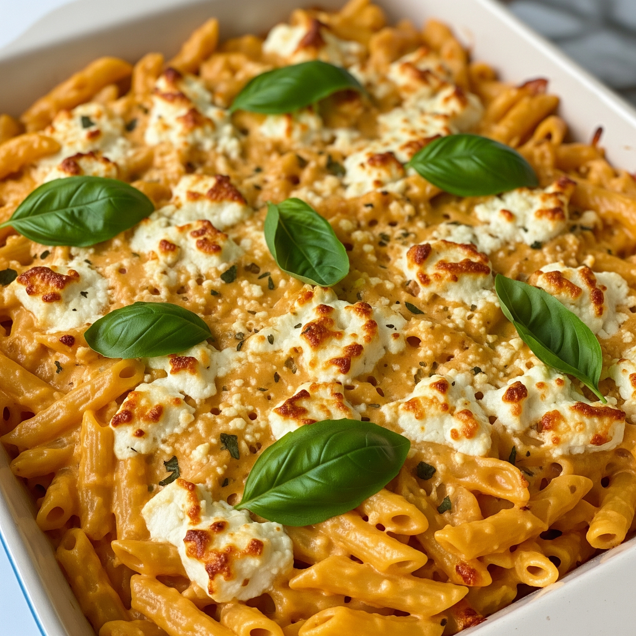 A large baking dish filled with creamy, vibrant TikTok Baked Feta Pasta, garnished with fresh basil leaves.