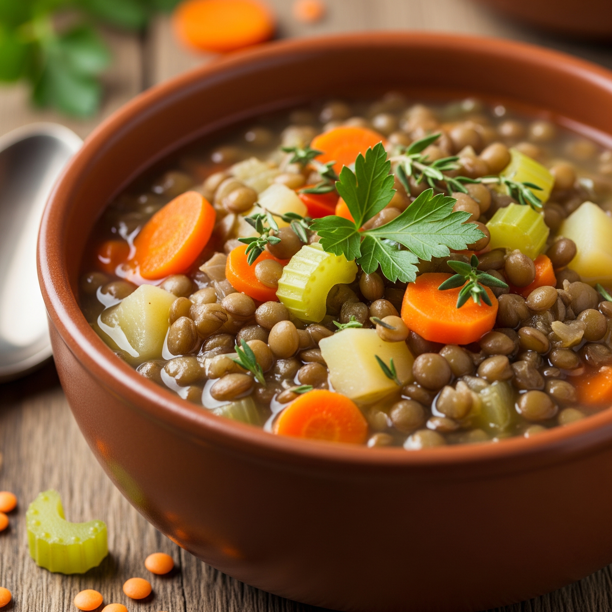 A close-up, vibrant photo of a hearty lentil soup, showcasing the rich texture, colorful vegetables, and a sprinkle of fresh herbs. The soup is served in a rustic bowl on a wooden surface.