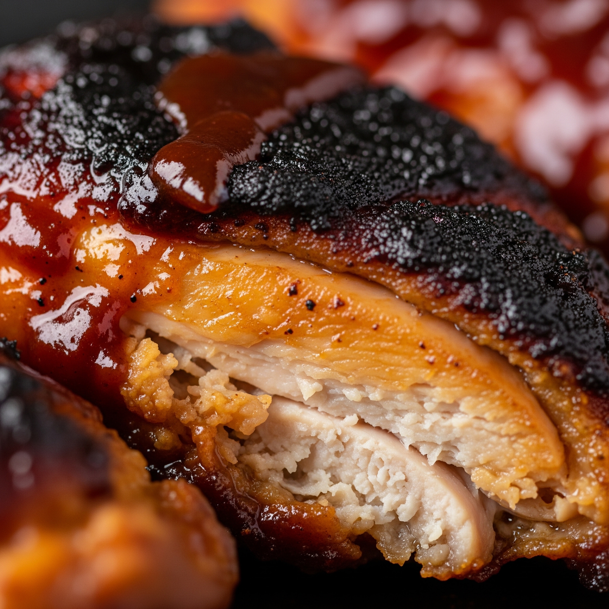 Close-up of crispy air fryer BBQ chicken with glistening BBQ sauce.