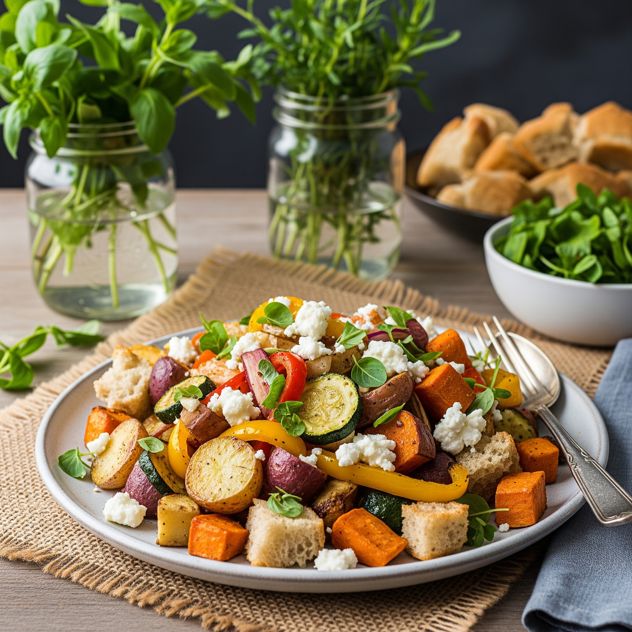 A vibrant zero-waste bread salad in a large bowl, featuring golden roasted vegetables, crispy bread cubes, crumbled feta cheese, and fresh green herbs. Colorful mixed vegetables (bell peppers, zucchini, onions) roasting on a baking sheet, lightly charred and tender.Fresh ingredients for a zero-waste bread salad: stale bread, assorted vegetables, feta cheese, and fresh herbs on a rustic wooden table.