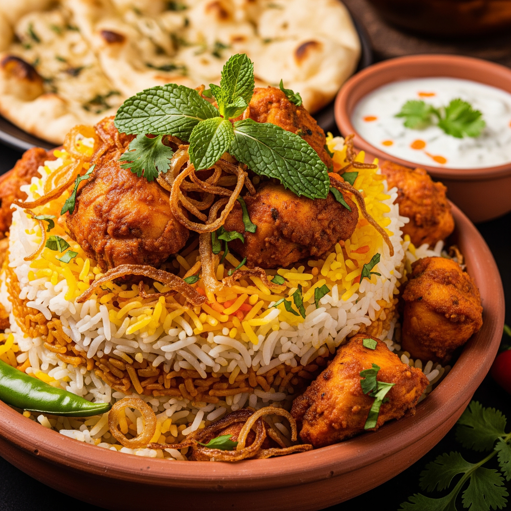 A close-up, vibrant, high-quality photo of a flavorful Chicken Biryani, emphasizing the intricate layering of golden saffron-infused rice, tender, juicy pieces of chicken, and crunchy, golden-brown fried onions. Fresh, vibrant herbs like cilantro and mint add a pop of color and freshness to the dish. It's served in a traditional, earthenware Indian pot, accompanied by a side of cooling raita and warm, fluffy naan bread. The lighting is warm and inviting, highlighting the textures and colors of the dish, with a subtle interplay of light and shadow that gives the dish a depth and richness. The overall impression of the photo is one of mouth-watering delight, emphasizing the vibrant colors and textures of this aromatic and flavorful dish.