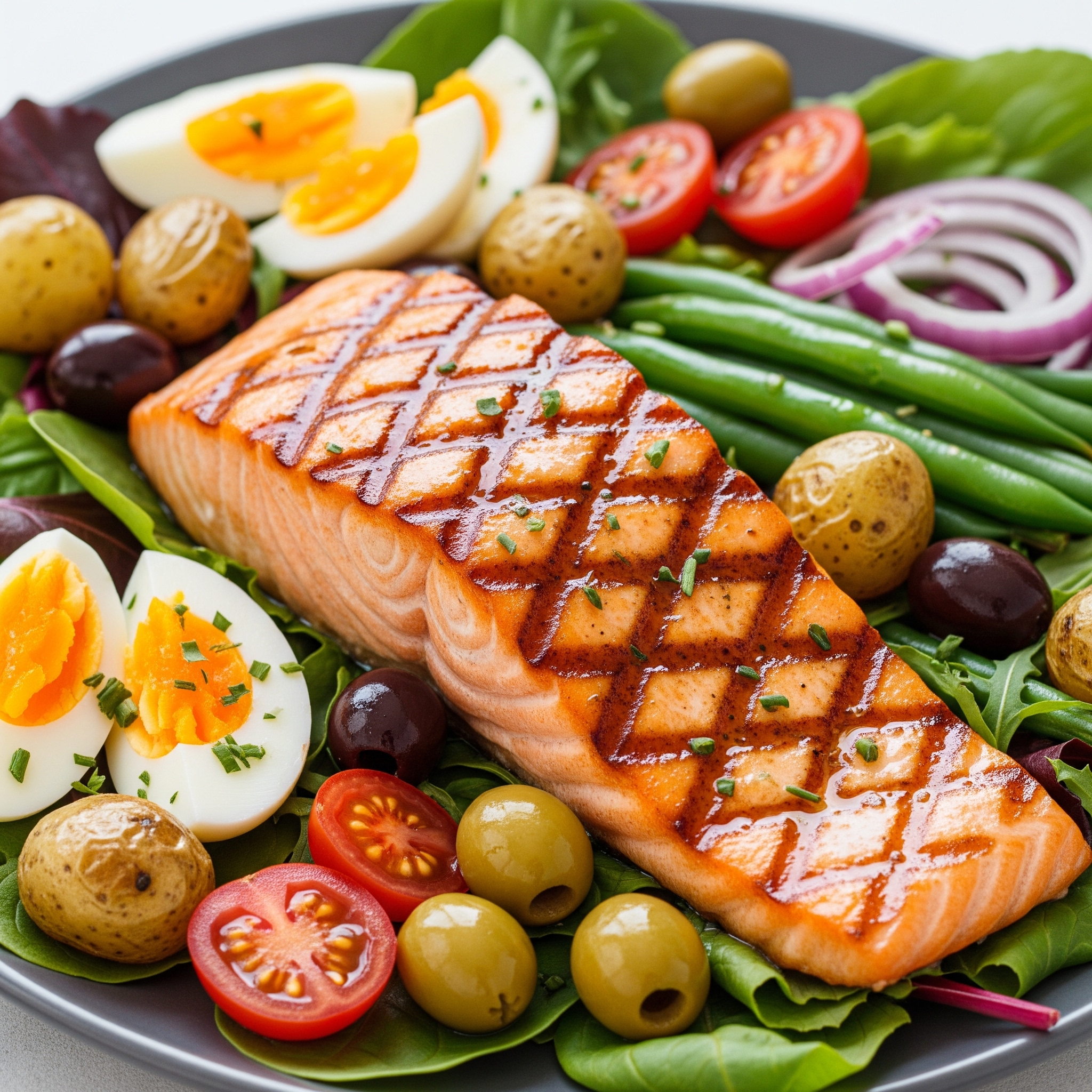 Delicious assorted grilled salmon nicoise salad with cherry tomatoes, eggs, olives, and capers on an oval plate over a white marble background.