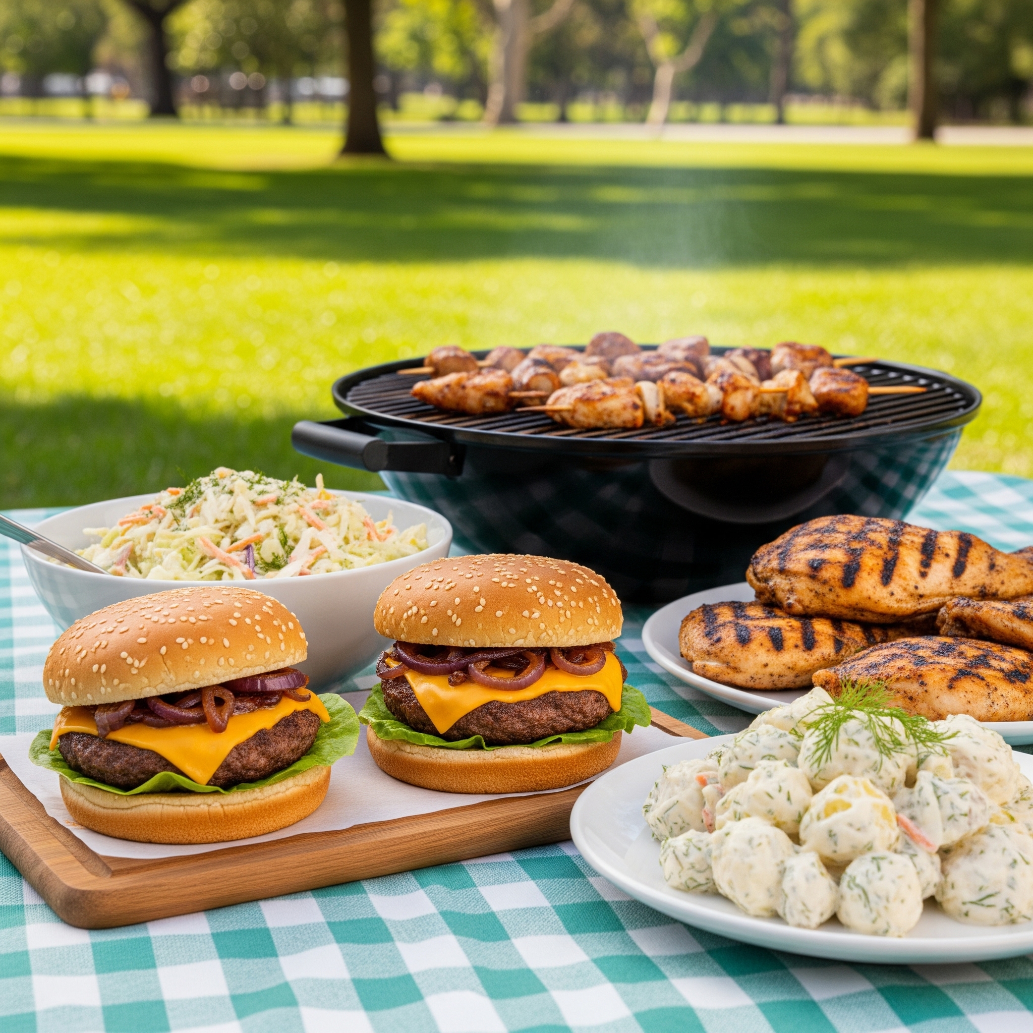 A joyful summer BBQ scene in a sunny park with friends and family gathered around food. The table is laden with juicy grilled burgers, creamy potato salad, vibrant coleslaw, and perfectly grilled chicken. Laughter and conversation fill the air, capturing the essence of outdoor entertaining.