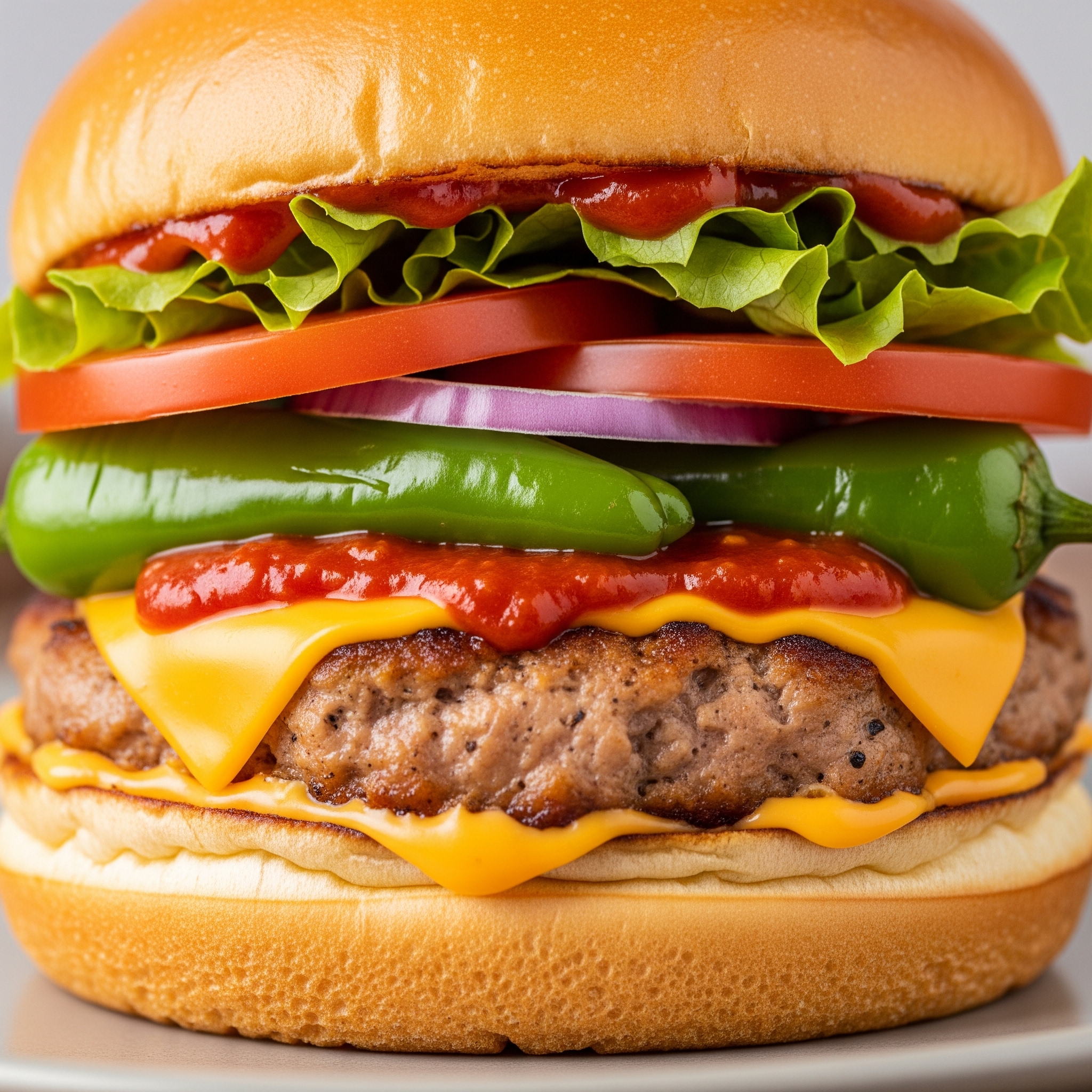 Close-up of a delicious and juicy Spicy Green Chile Chicken Burger with melted cheddar cheese, fresh toppings, and a spicy sauce on a toasted bun.