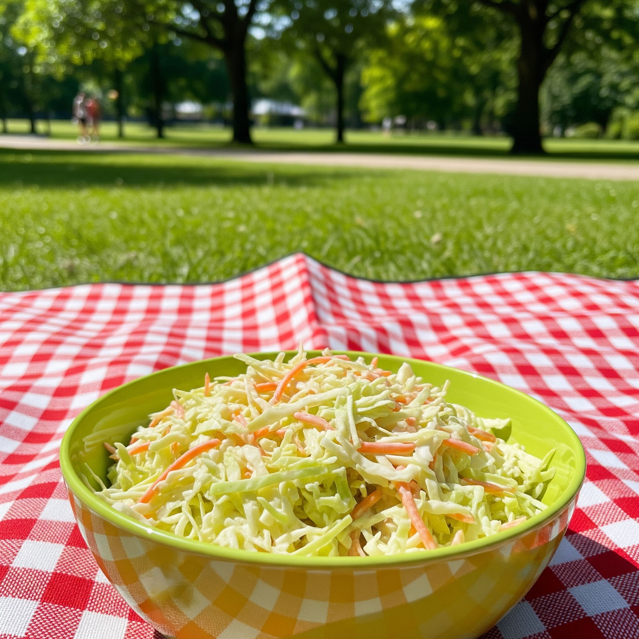 A vibrant bowl of creamy coleslaw, perfectly dressed, with finely shredded green cabbage and grated carrots visible. The salad appears fresh and crisp, ready for a picnic or BBQ.