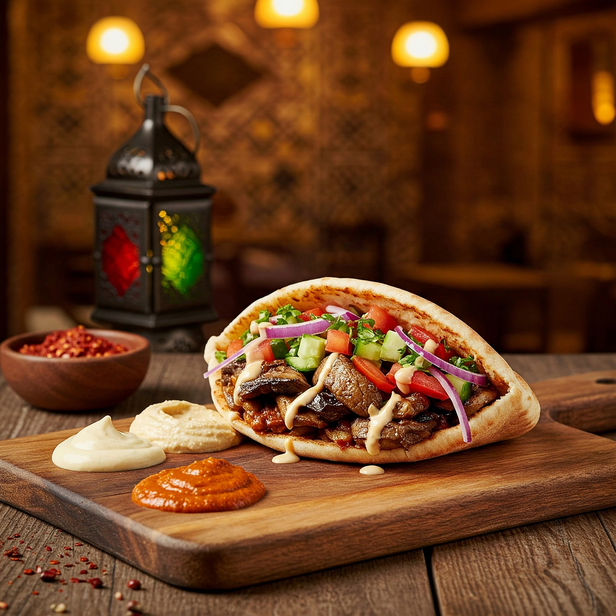 Close-up of vegan mushroom shawarma in pita bread with toppings. Vibrant photo of vegan mushroom shawarma, filled with mushrooms and vegetables. Appetizing image of vegan shawarma with mushrooms, tahini sauce, and fresh vegetables.
