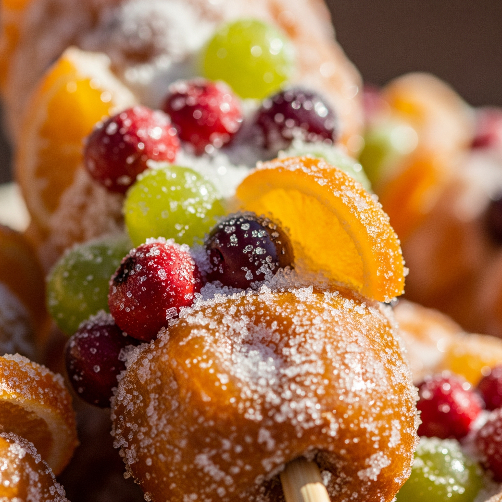 Close-up of vibrant Tanghulu with glistening sugar coating and colorful fruits, highlighting its textures and details.