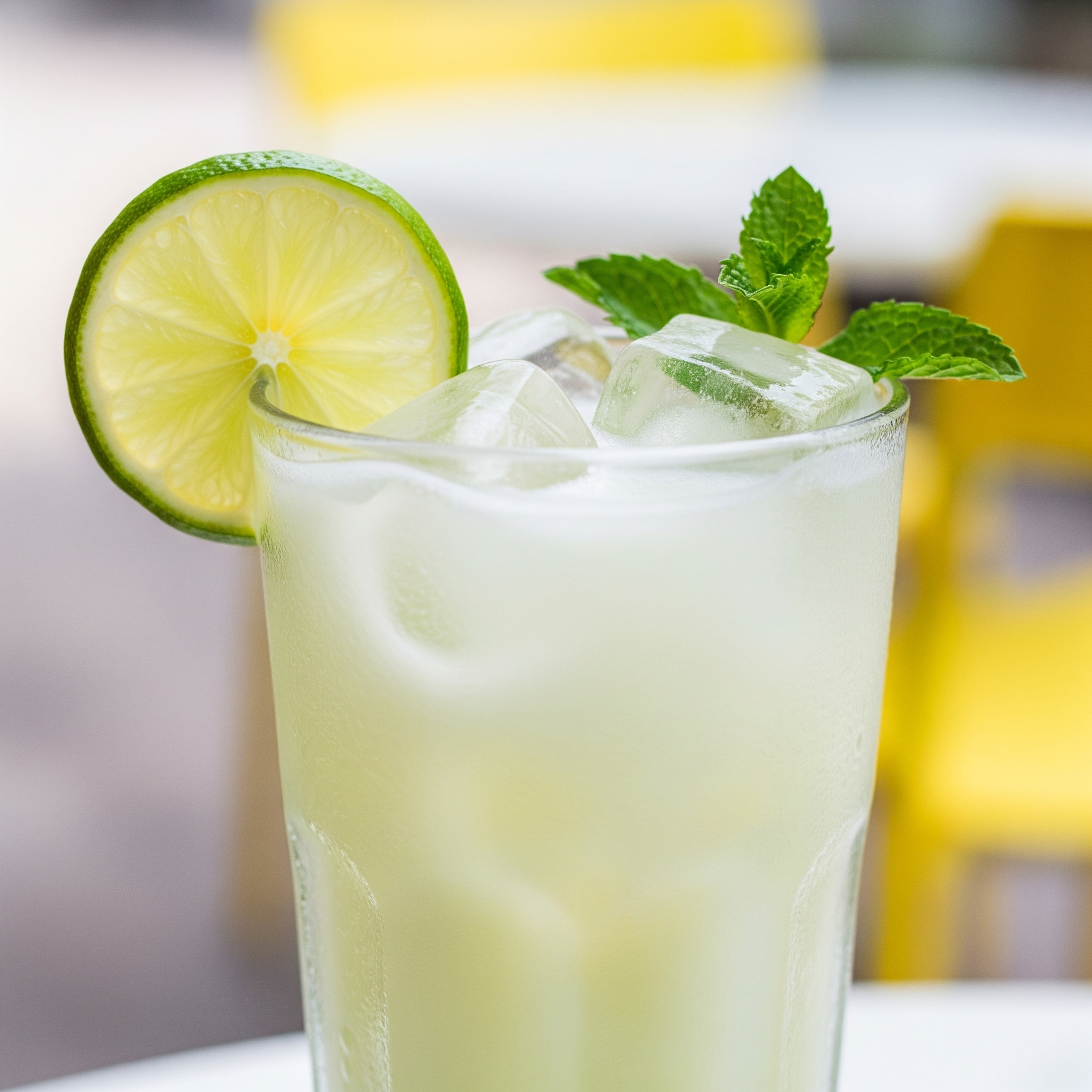 A tall glass filled with creamy Brazilian Lemonade (Limonada Suíça), garnished with a lime slice and mint sprig.