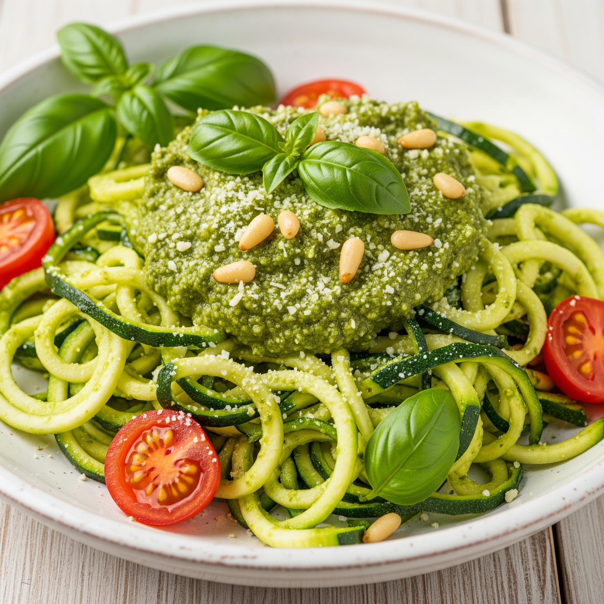 A vibrant and fresh close-up photo of Low-Carb Zucchini Noodles with Pesto, featuring tender, bright green zucchini strands tossed with a vibrant, bright green basil pesto. The pesto is generously studded with visible golden pine nuts and a dusting of finely grated Parmesan cheese. A few halved cherry tomatoes are scattered throughout the noodles, providing a pop of red color. The dish is elegantly presented in a rustic white bowl, resting on a light-colored wooden table. Fresh basil leaves are artfully arranged as a garnish, adding a touch of green to the composition. The natural light illuminates the dish, enhancing its fresh and appealing texture. The camera angle is close-up, emphasizing the vibrant colors, textures, and overall freshness of the dish, creating a visually appealing and inviting image of a healthy and delicious meal.
