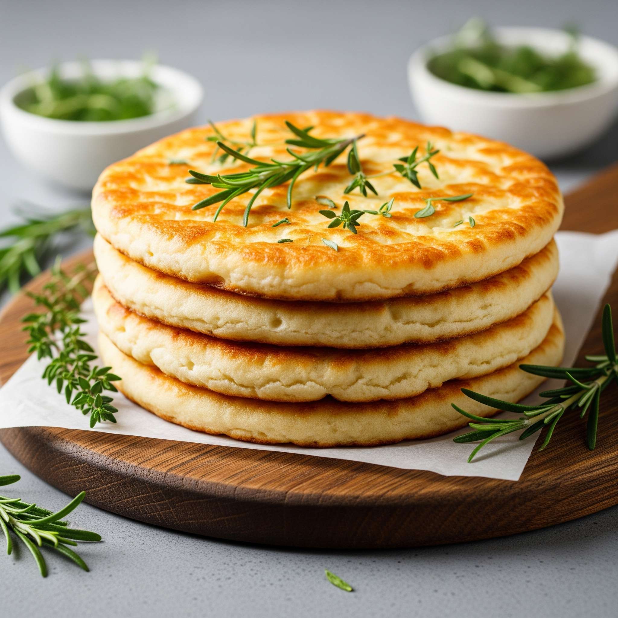 A stack of freshly baked, golden brown and airy cottage cheese flatbreads on a rustic wooden board, garnished with fresh herbs.