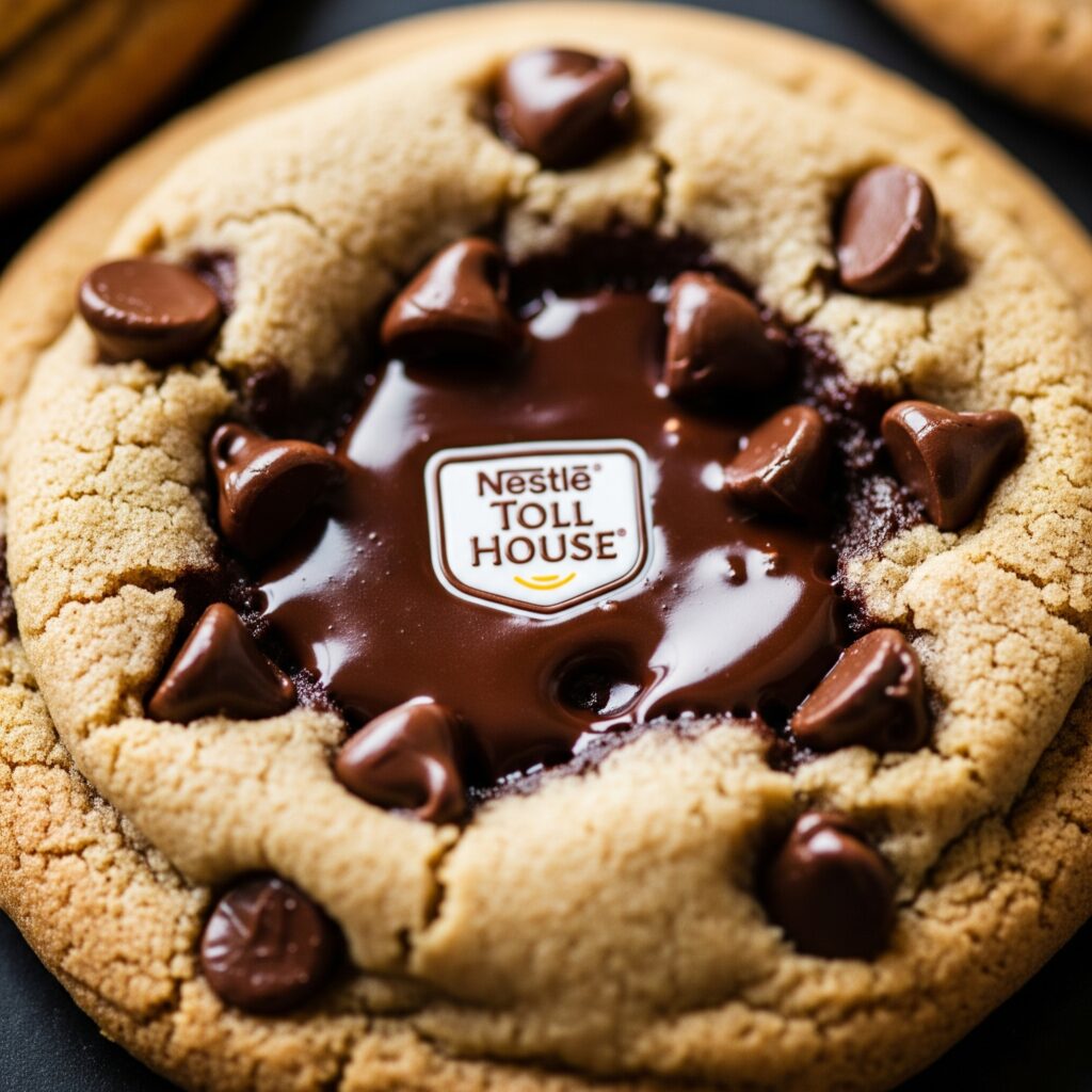 Perfect Nestlé Toll House chocolate chip cookie with abundant chocolate chips, clear close-up.