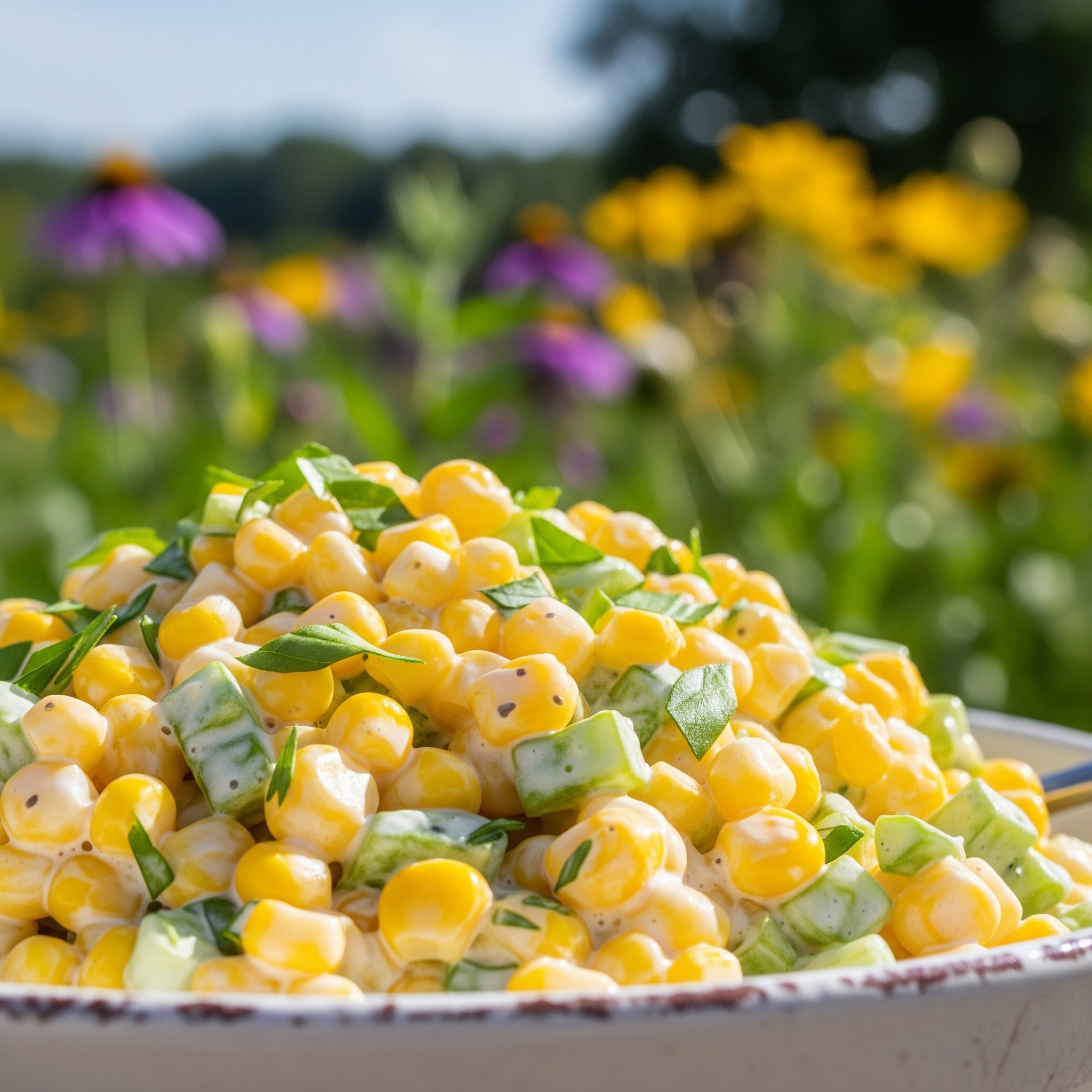 Close-up photo of Creamy Summer Corn Salad with a beautiful nature background, showcasing its vibrant colors and creamy texture.