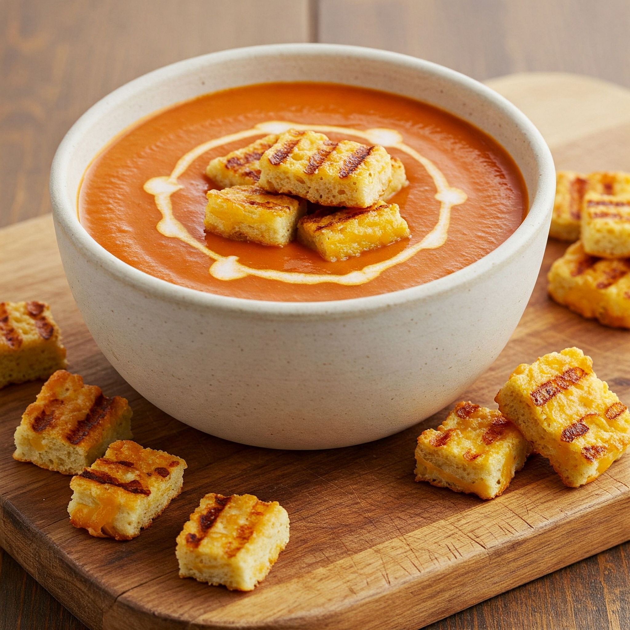Creamy vegan tomato soup in a white bowl, garnished with grilled "cheese" croutons and a swirl of vegan cream. Close-up of a bowl of rich, vegan tomato soup topped with golden, grilled croutons. Appetizing vegan dish: Creamy tomato soup with a topping of crispy, "cheese"-coated bread cubes.
