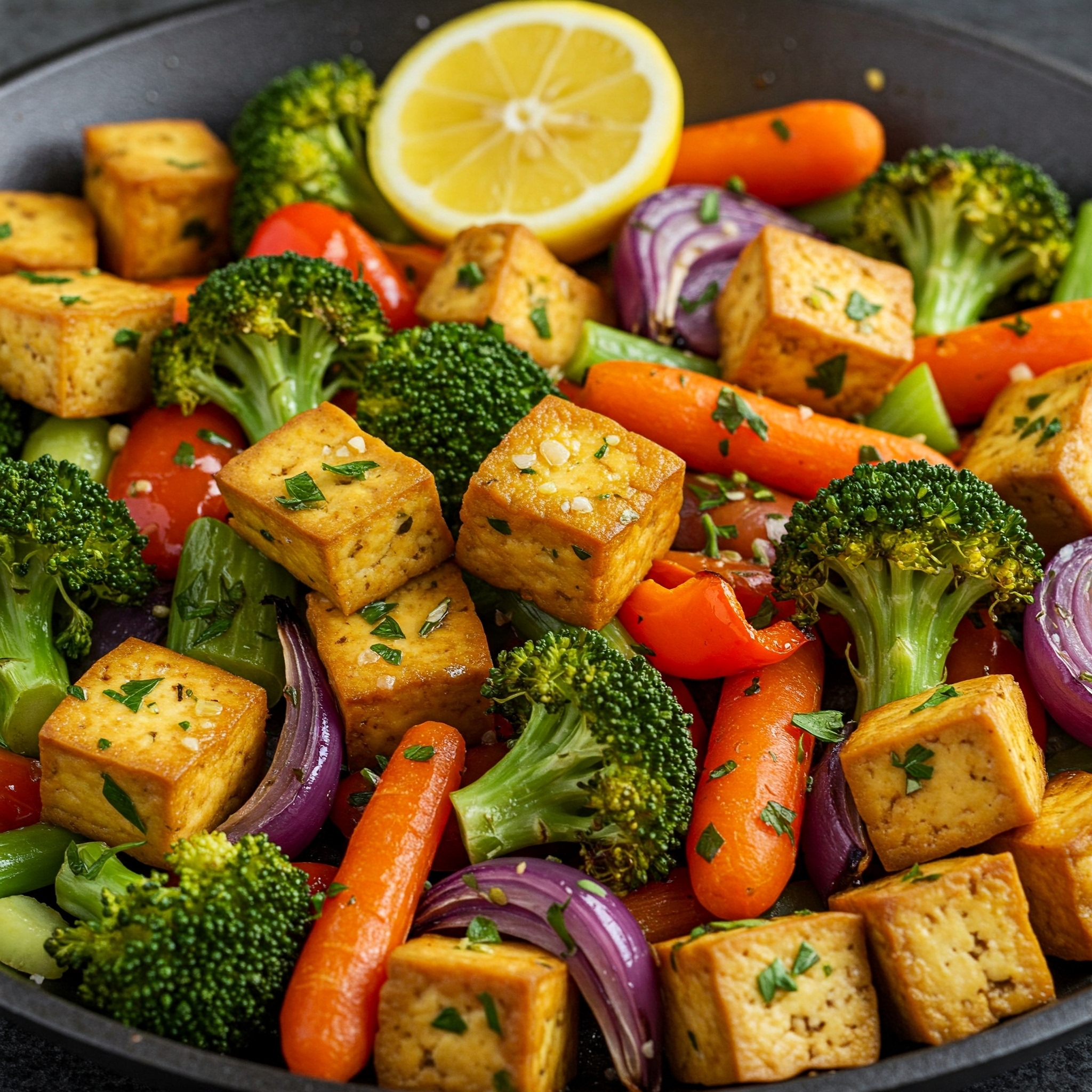 Colorful roasted broccoli, bell peppers, red onion, and potatoes with crispy tofu on a baking sheet. Vegan one-pan meal of lemon-herb roasted vegetables and golden-brown crispy tofu. Close-up of tender-crisp roasted vegetables with a bright lemon herb coating and crispy tofu cubes.