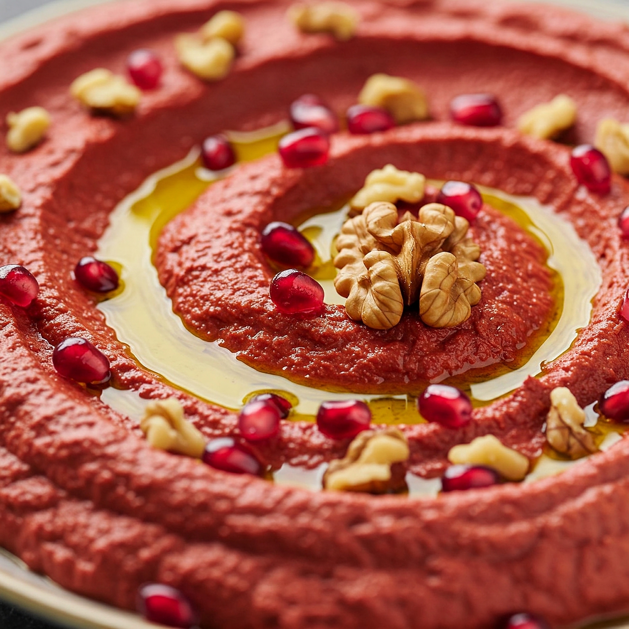 Close-up of creamy vegan Muhammara dip, garnished with walnuts and a drizzle of olive oil. Vibrant photo of Muhammara, a Middle Eastern dip made from roasted red peppers. Appetizing image of homemade Muhammara, a roasted red pepper and walnut dip.