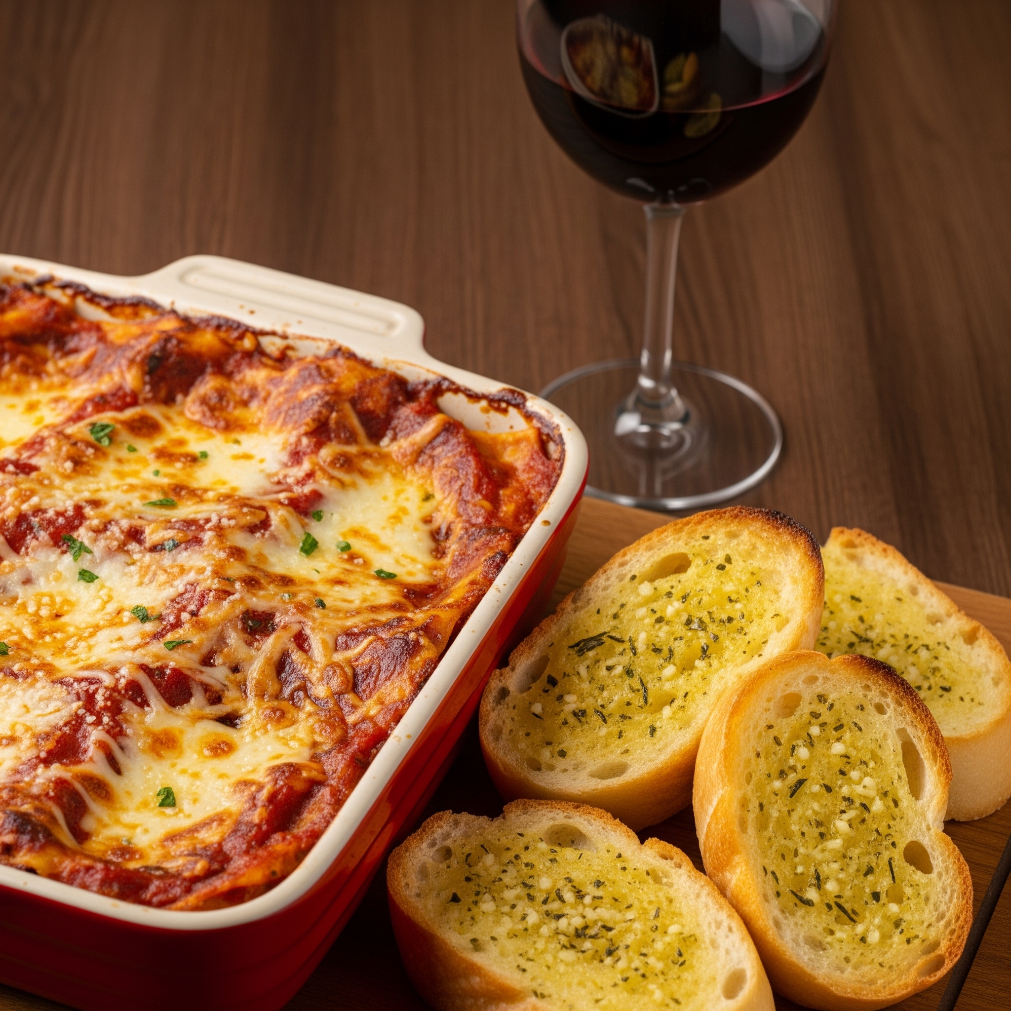 A close-up, mouthwatering shot of a freshly baked easy weeknight lasagna, bubbling with golden-brown melted mozzarella cheese and rich red tomato sauce, in a rustic ceramic baking dish. It is served with a side of golden-brown garlic bread and a glass of red wine, creating an inviting and comforting dinner scene