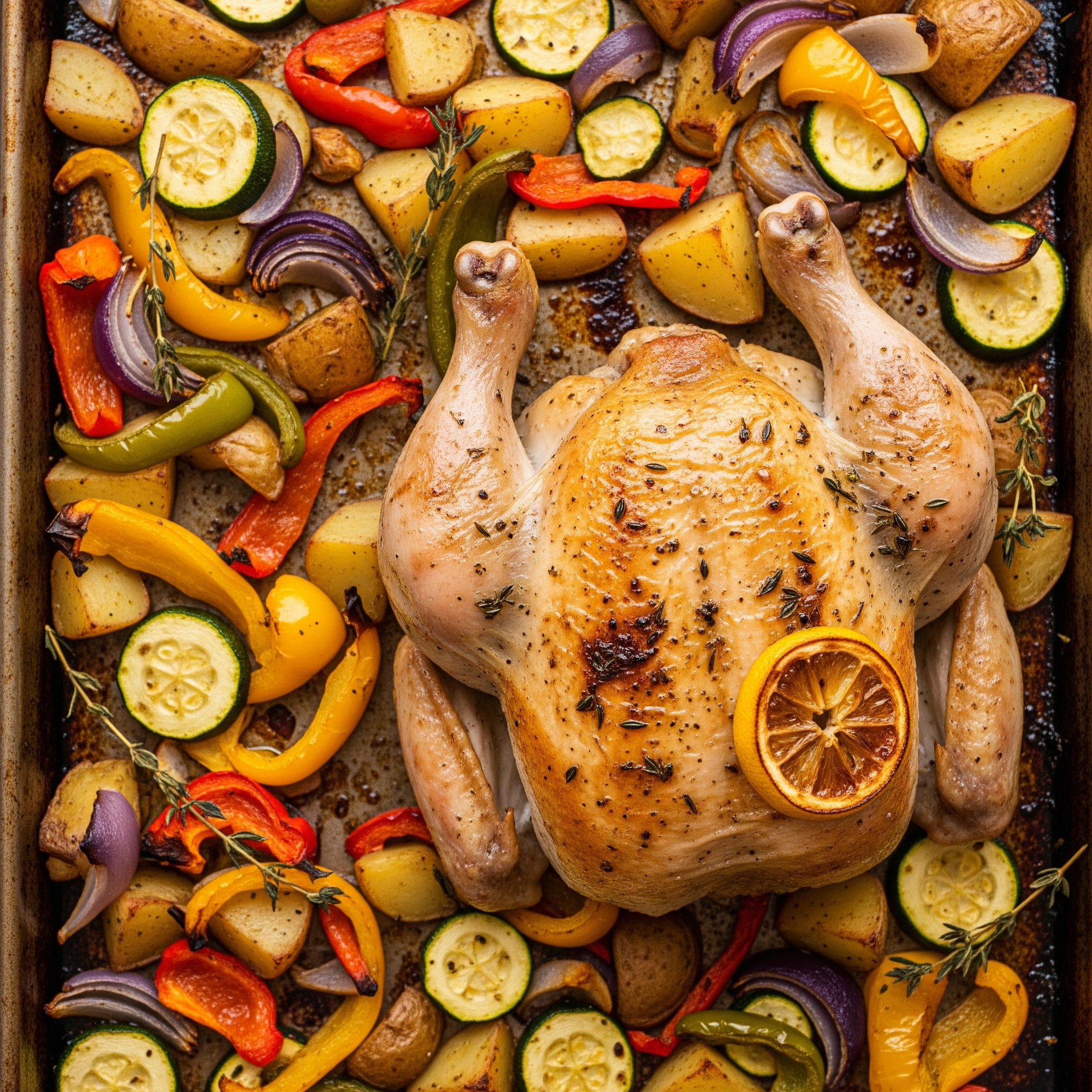 A sheet pan with golden-brown Lemon Herb Chicken and roasted vegetables (potatoes, zucchini, bell peppers, onions) directly from the oven.