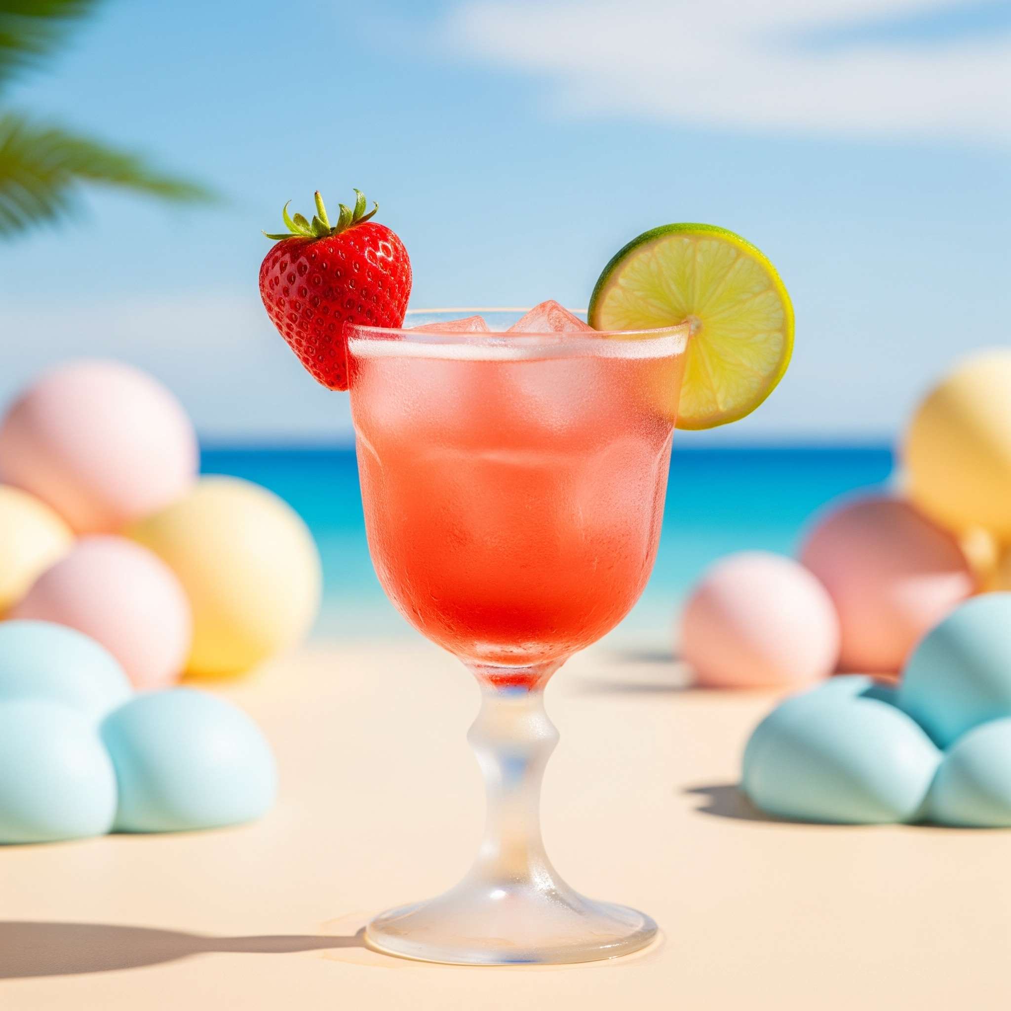 A vibrant Virgin Strawberry Daiquiri in a stemmed glass, garnished with a strawberry and a lime wedge, with a frosted glass and a summery background.