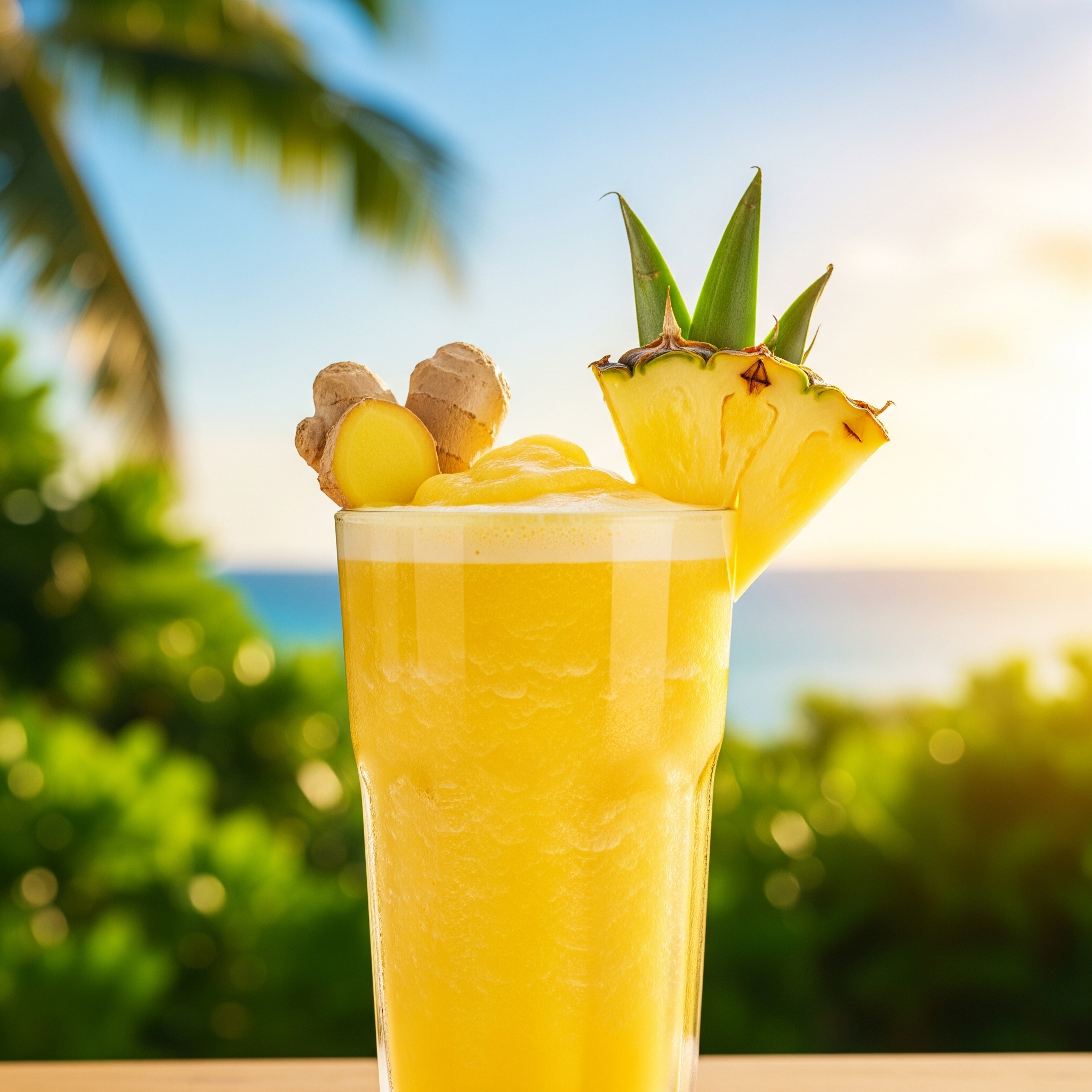 A tall glass of vibrant yellow Tropical Pineapple Ginger Smoothie, garnished with pineapple and ginger, set against a bright, tropical-inspired background.