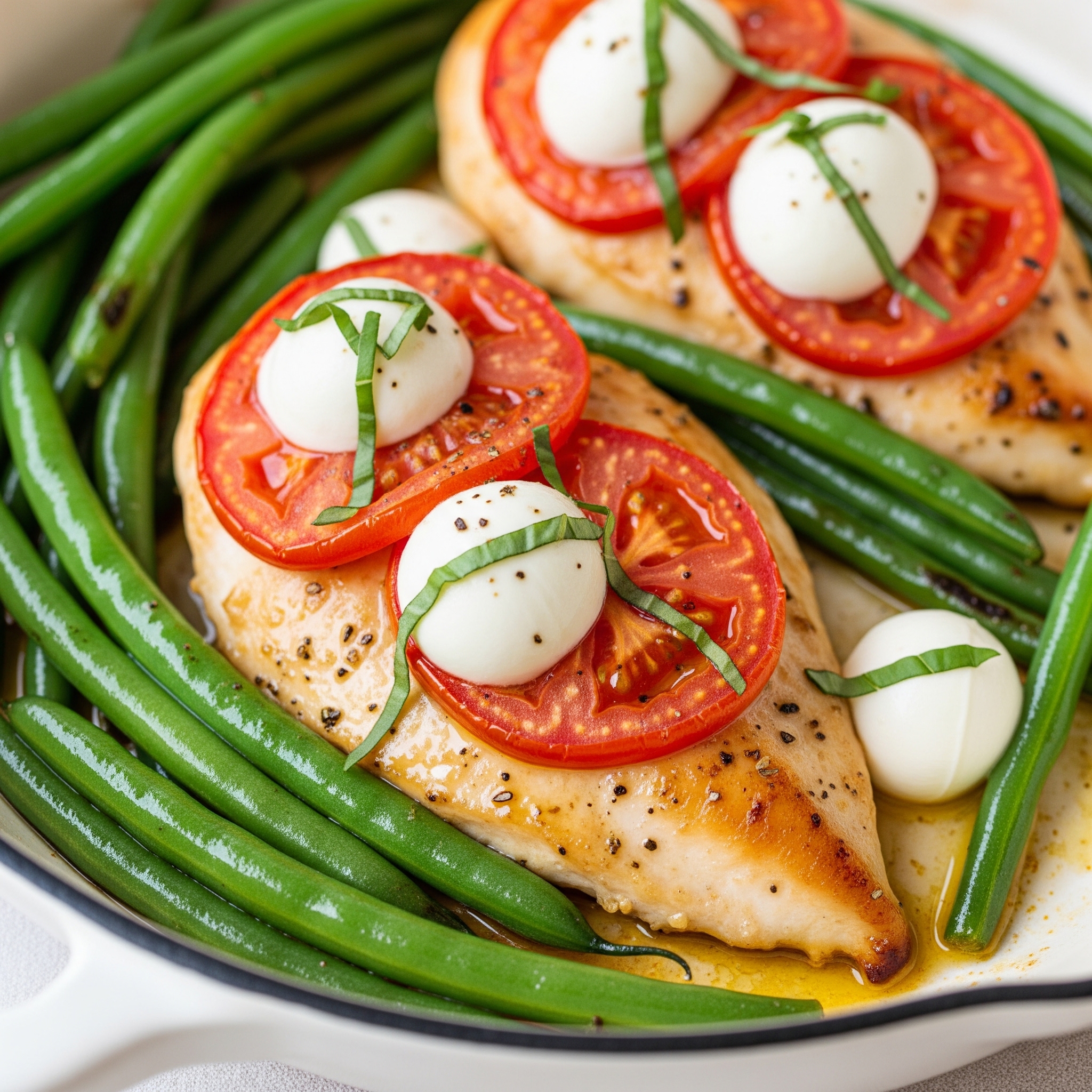 Close-up photo of Easy One-Pan Caprese Chicken with Green Beans, showcasing vibrant colors. The golden-brown chicken is topped with juicy tomatoes and fresh mozzarella.