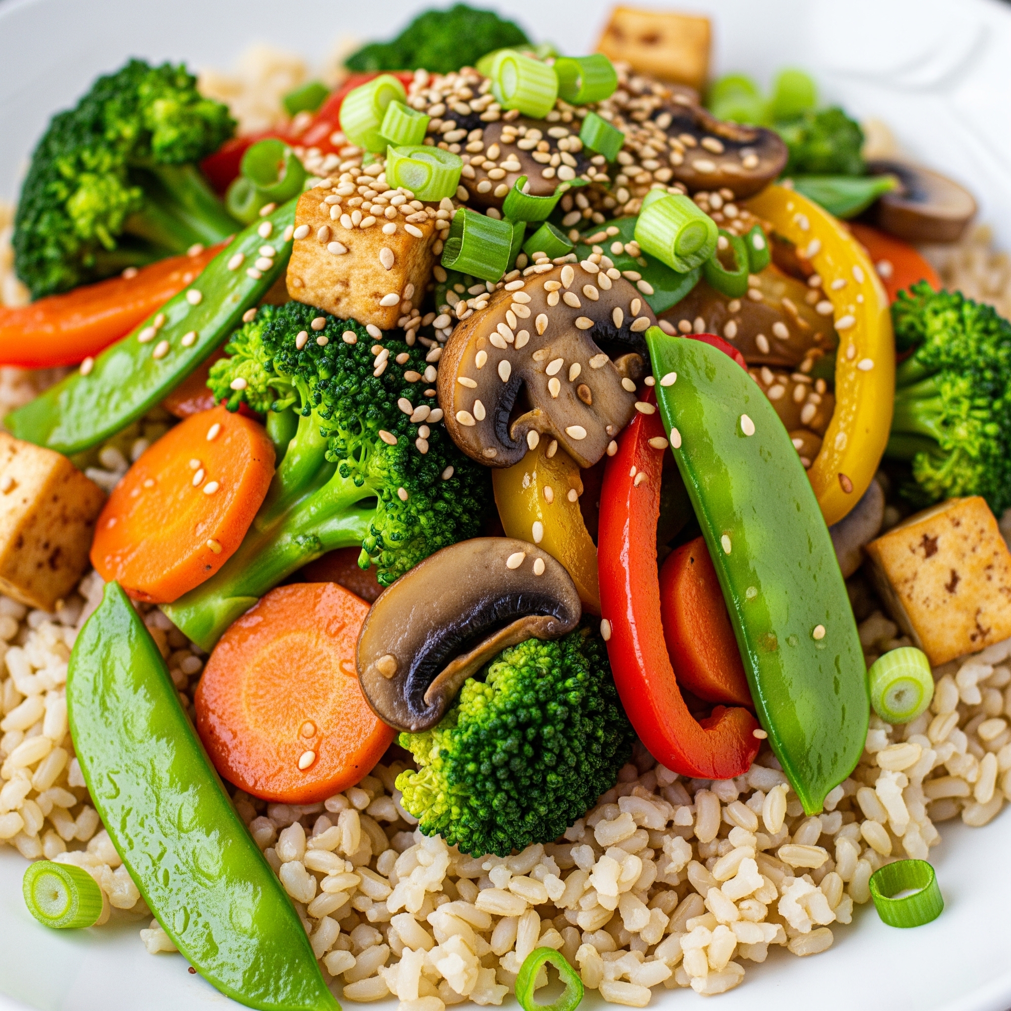A vibrant, close-up photo of a Quick & Healthy Vegetarian Stir-Fry, showcasing colorful vegetables (broccoli, carrots, bell peppers, snap peas, mushrooms) and tofu in a flavorful sauce, served over brown rice and garnished with sesame seeds and green onions.