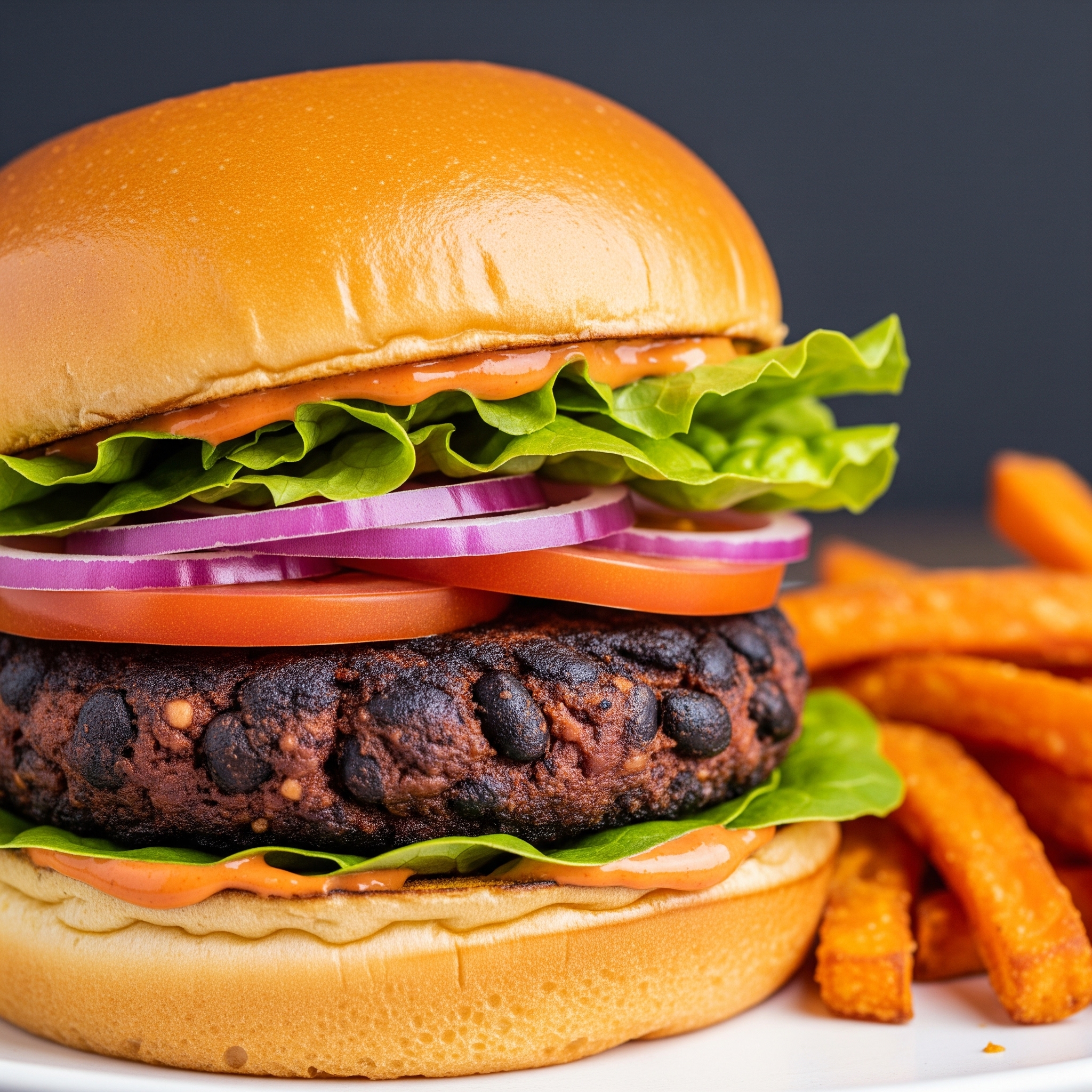 a delicious black bean burger on a brioche bun with fresh lettuce, ripe tomato slices, red onion, and a generous dollop of vegan sriracha mayo, served with a side of crispy sweet potato fries. The burger has a visible, slightly charred exterior and a rich, dark interior. The focus is on making the burger look appealing and hearty, showcasing its texture and vibrant toppings.