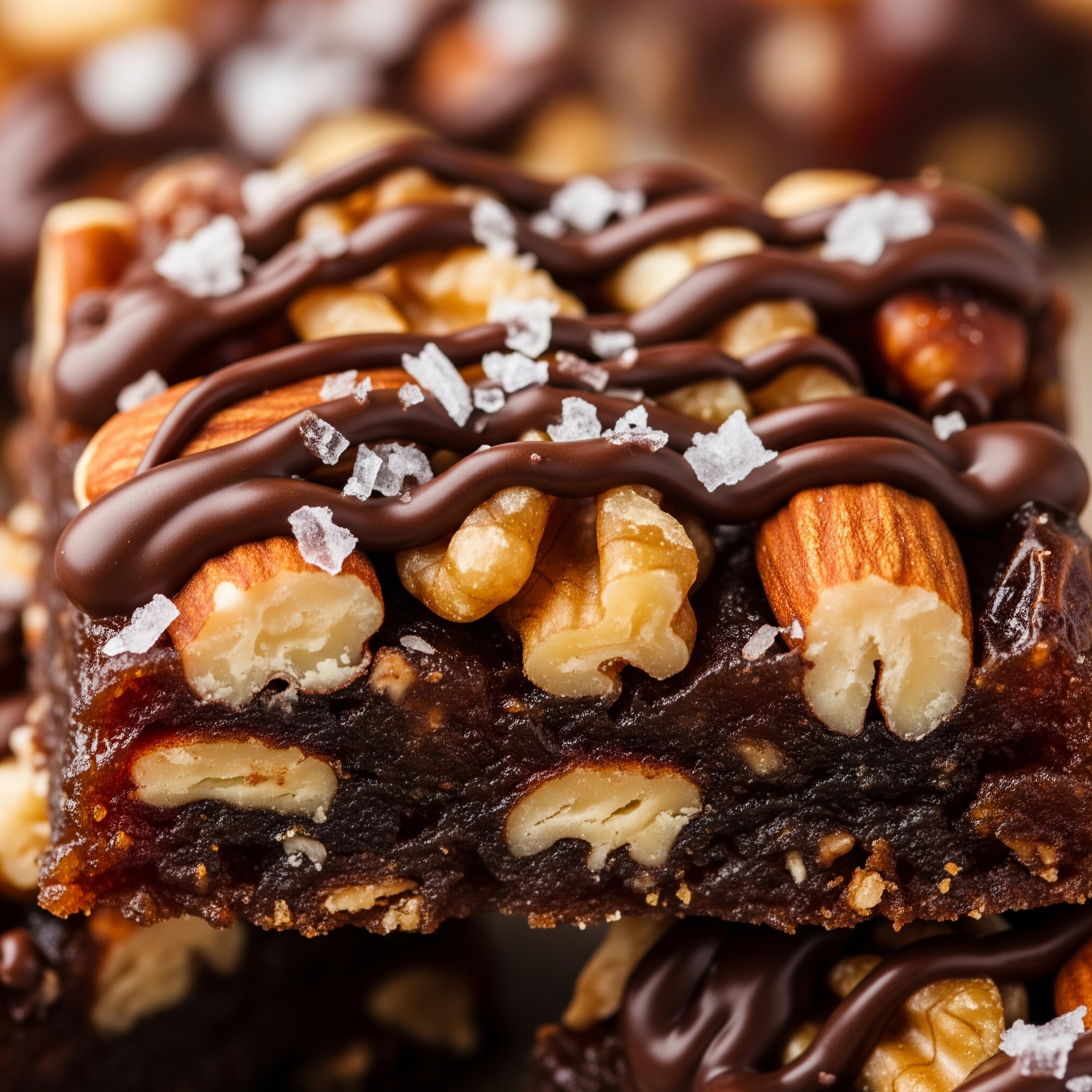 Close-up of sweet date bark with dark chocolate, flaky sea salt, and chopped nuts, emphasizing its texture and ingredients.