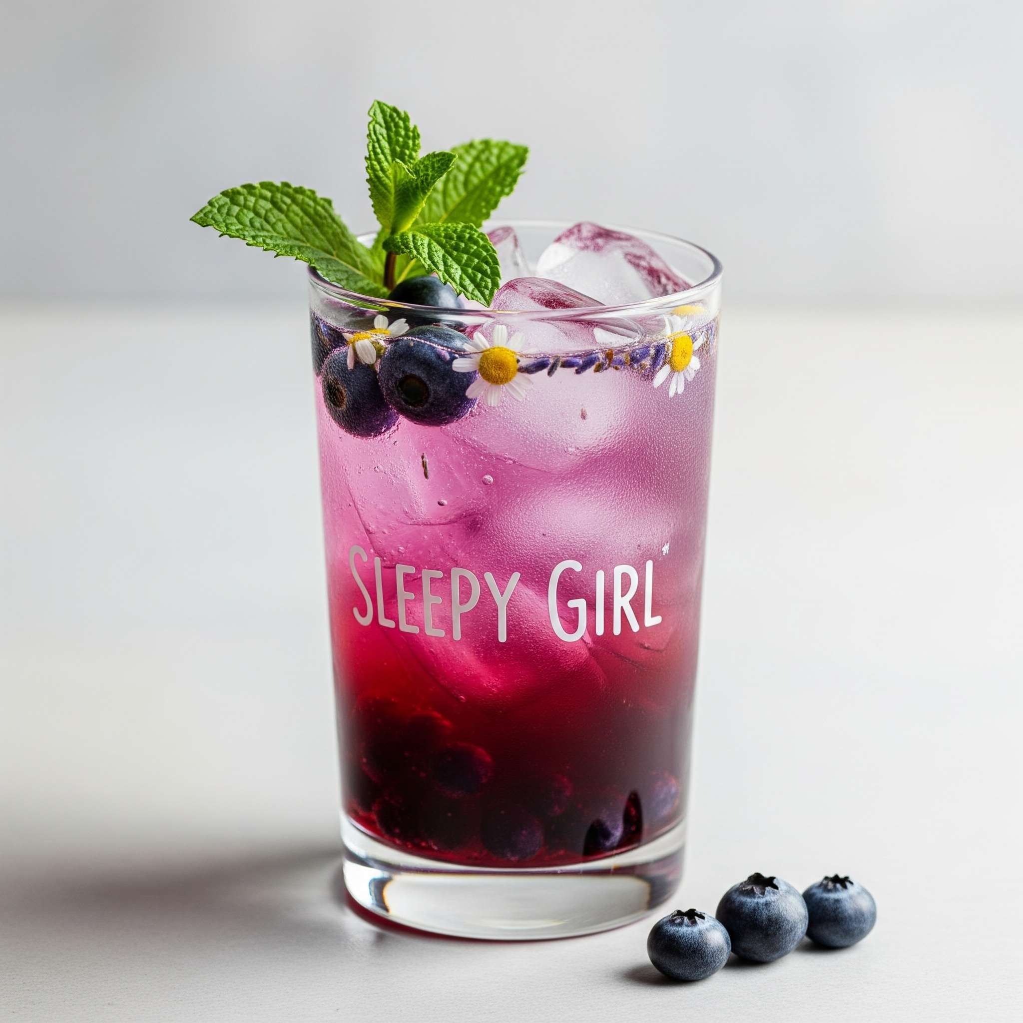 A vibrant, purple "Sleepy Girl" mocktail in a tall glass with ice, garnished with a sprig of fresh mint and a few blueberries, highlighting its refreshing and calming appearance.