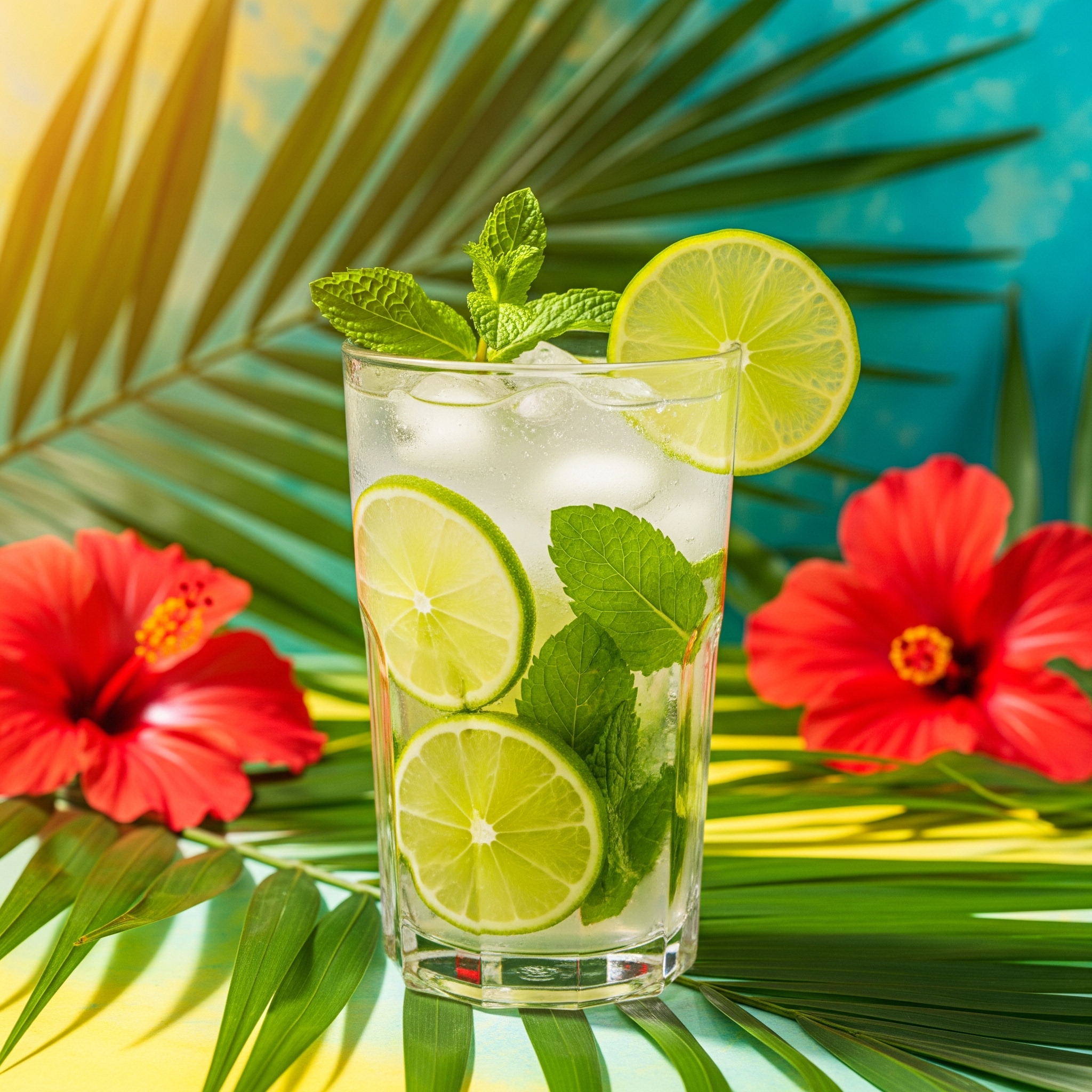 A tall glass of Invigorating Virgin Mojito Mocktail, garnished with fresh mint sprigs and lime slices, set against a bright, vibrant background.