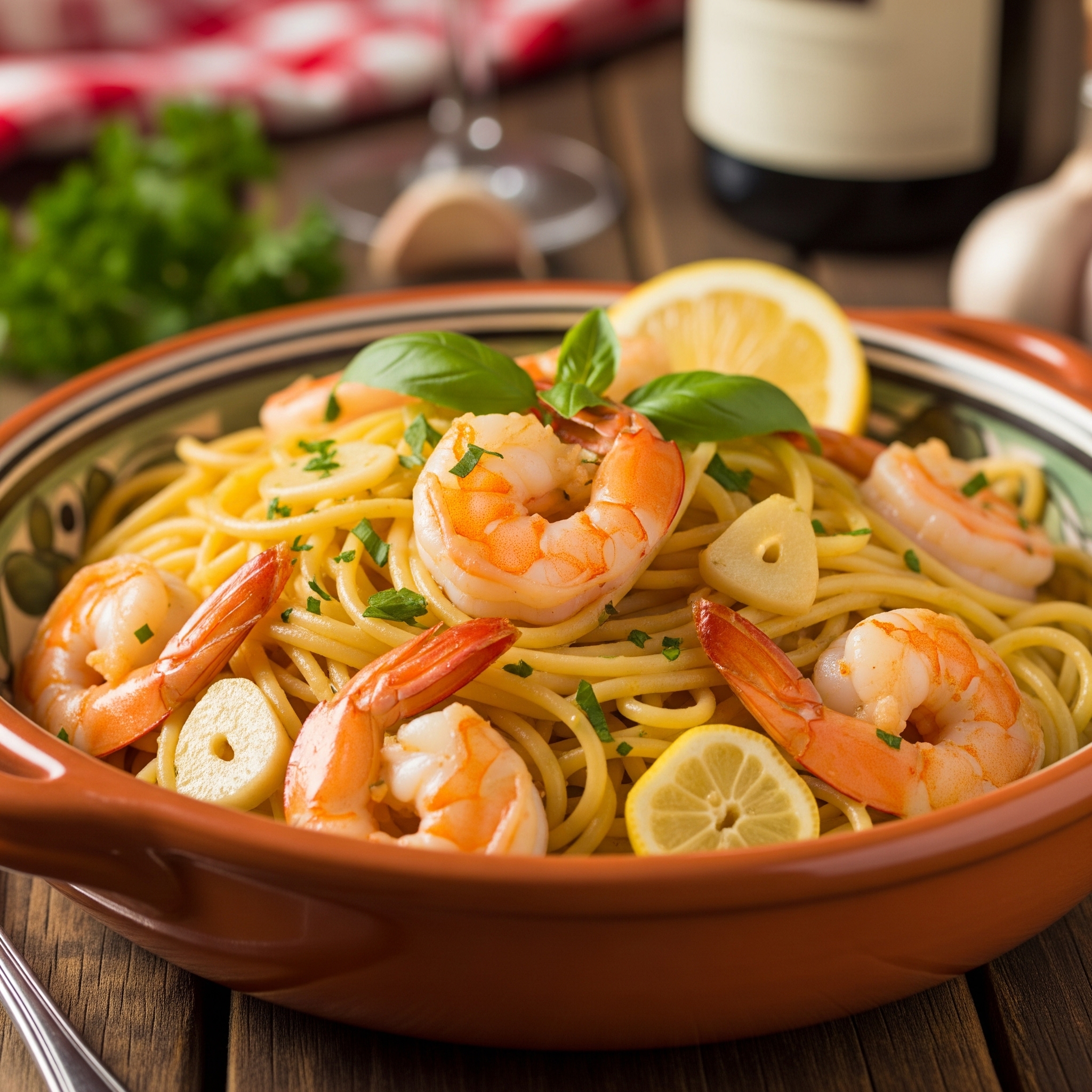 A beautiful, close-up shot of 20-Minute Shrimp Scampi Pasta, presented in a rustic Italian ceramic bowl, featuring glistening shrimp, tender linguine, and a vibrant garlic-lemon sauce, garnished with fresh parsley and a sprig of basil. The background hints at a cozy Italian trattoria setting with warm lighting.