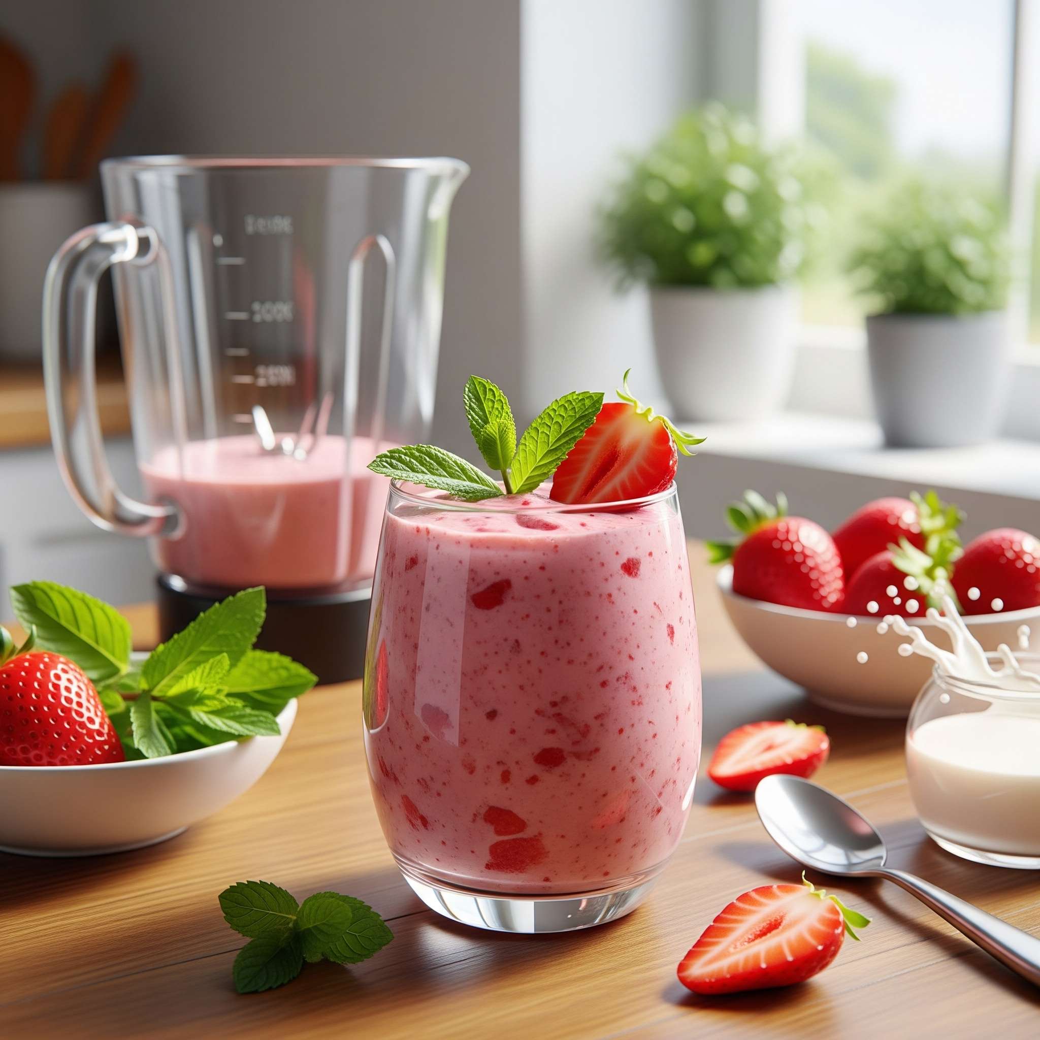 A refreshing strawberry mint smoothie in a glass with a straw, garnished with fresh berries and mint leaves.