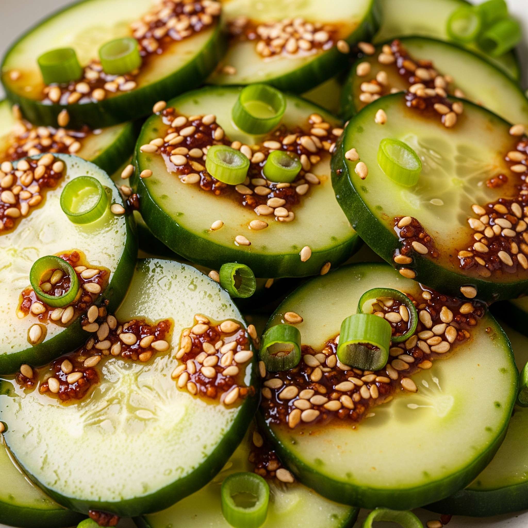 A close-up studio shot of a vibrant and refreshing cucumber salad with sesame dressing, highlighting the textures and colors, garnished with sesame seeds and green onions.